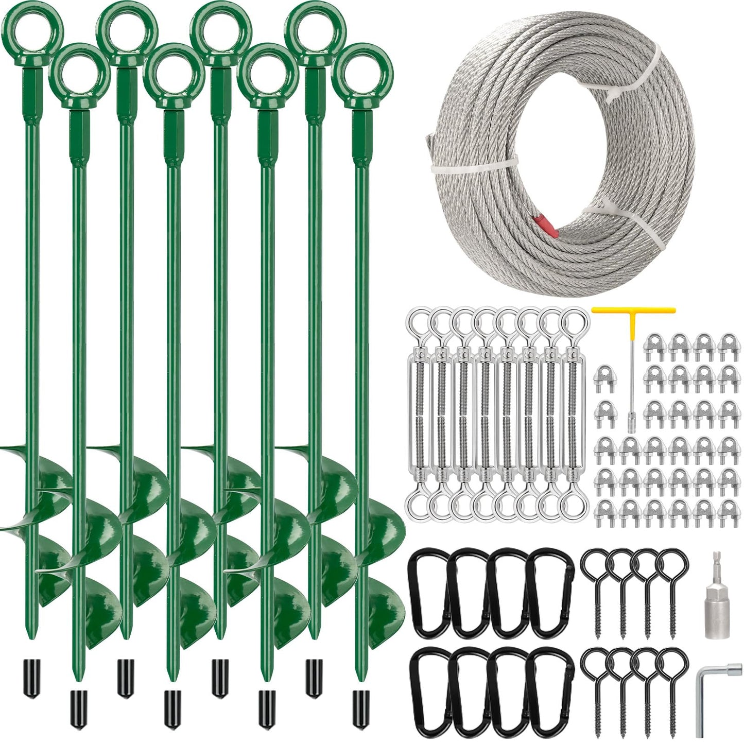 Fuuner 8 Pack 30" Shed Anchor Kit, Triple Helix Ground Earth Anchors with 100 FT 3/16" Galvanized Cable, 8 Turnbuckles & Drill Adapter, Green Auger Anchor for Canopy Gazebo Trampoline Swing Set