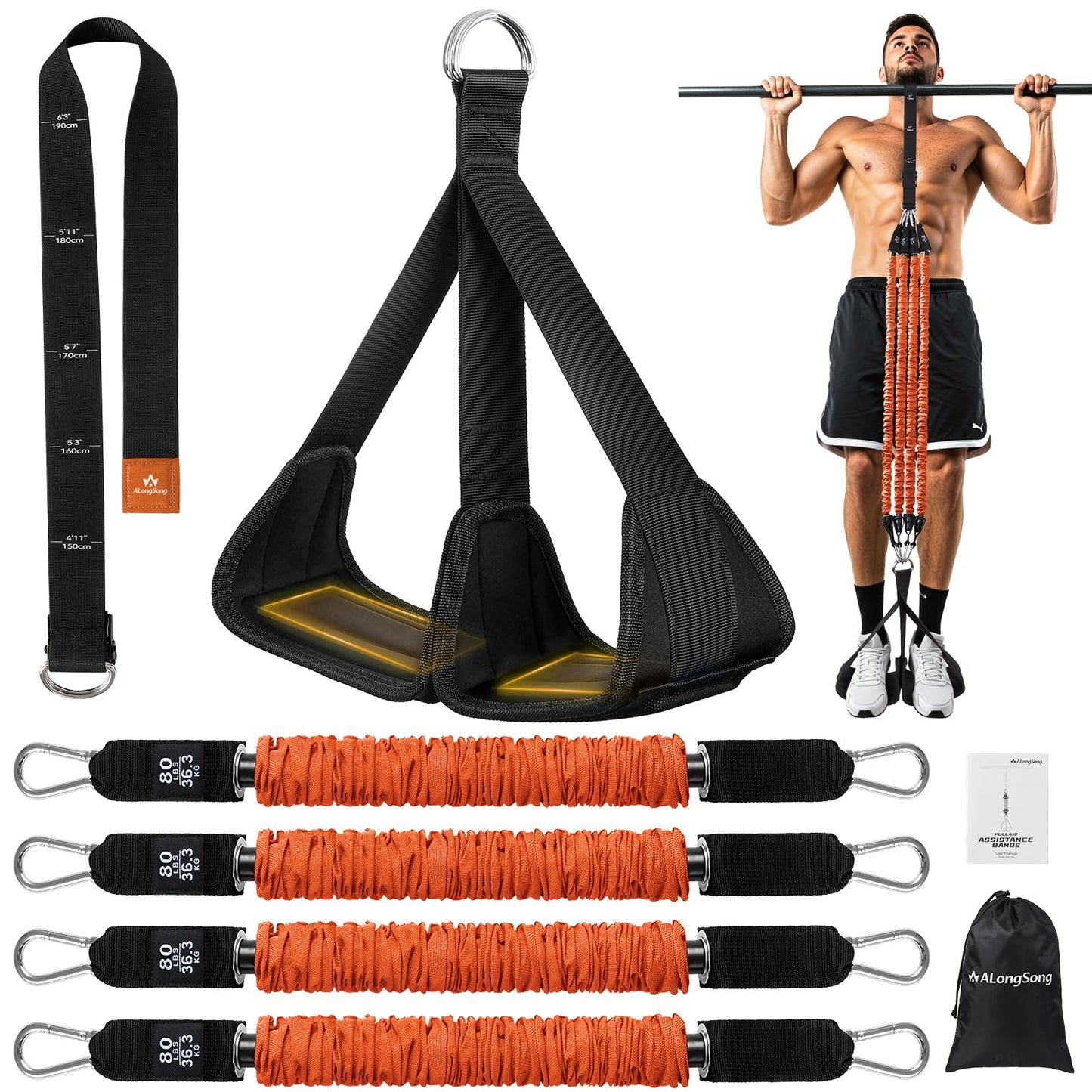 ALongSong Pull Up Assistance Bands with Foot Support Pedal Upgraded Heavy Duty Resistance Bands Adjustable Weight/Height with 4x80Lbs Bands&Measured Strap for Strength Training Home Gym Workout-Orange