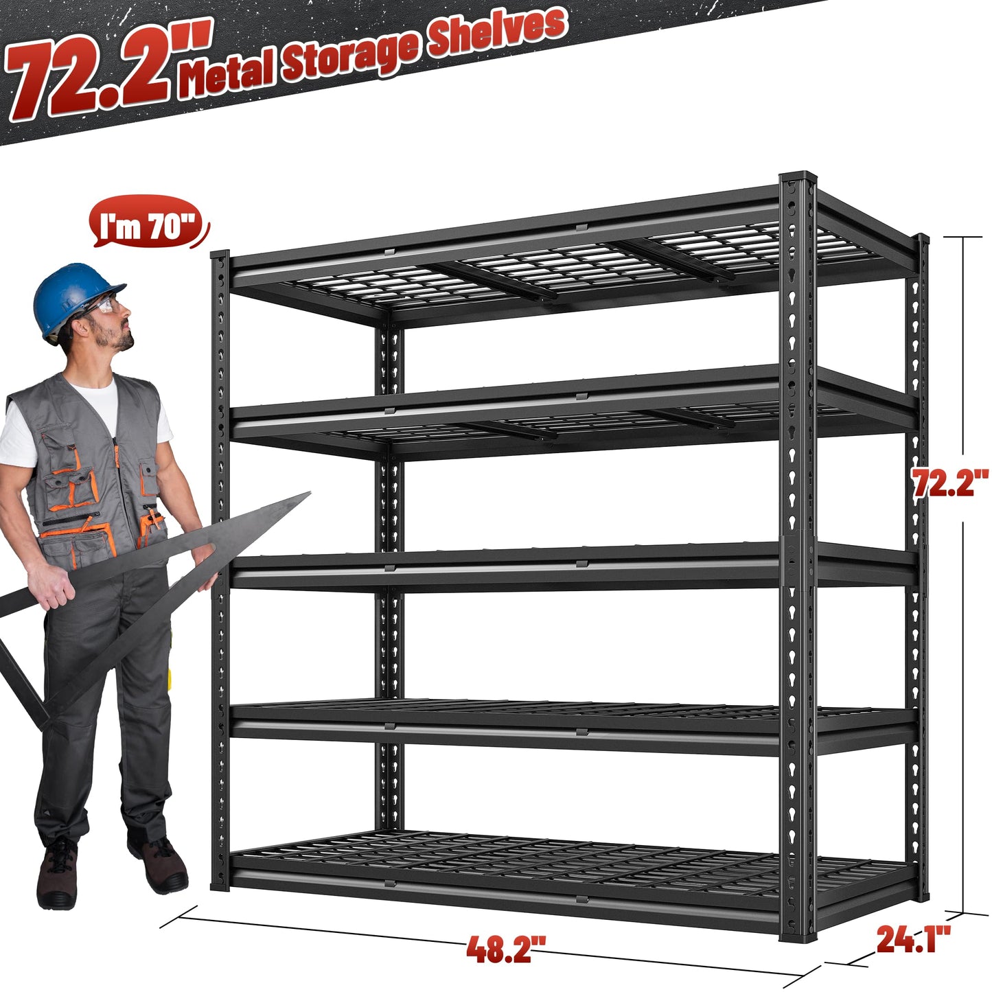 REIBII 3050LBS Garage Shelving Storage Shelves Heavy Duty 5-Tier Adjustable Metal Shelving Easy Assembly Storage Shelf for Garage Basement Warehouse Pantry, 48.2" W X 24.1" D X 72.2" H