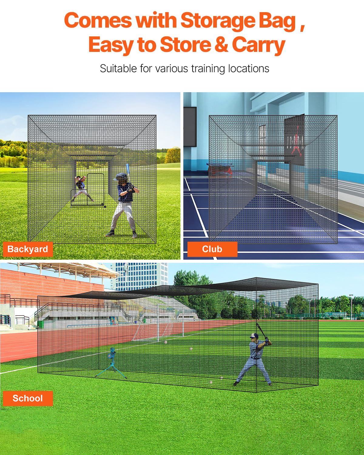 VEVOR Baseball Batting Netting,35 FT Softball Baseball Batting Hitting Training Net, Professional Practice Portable Pitching Cage, Heavy Duty Enclosed PE Net, with Door & Carry Bag (NET ONLY).