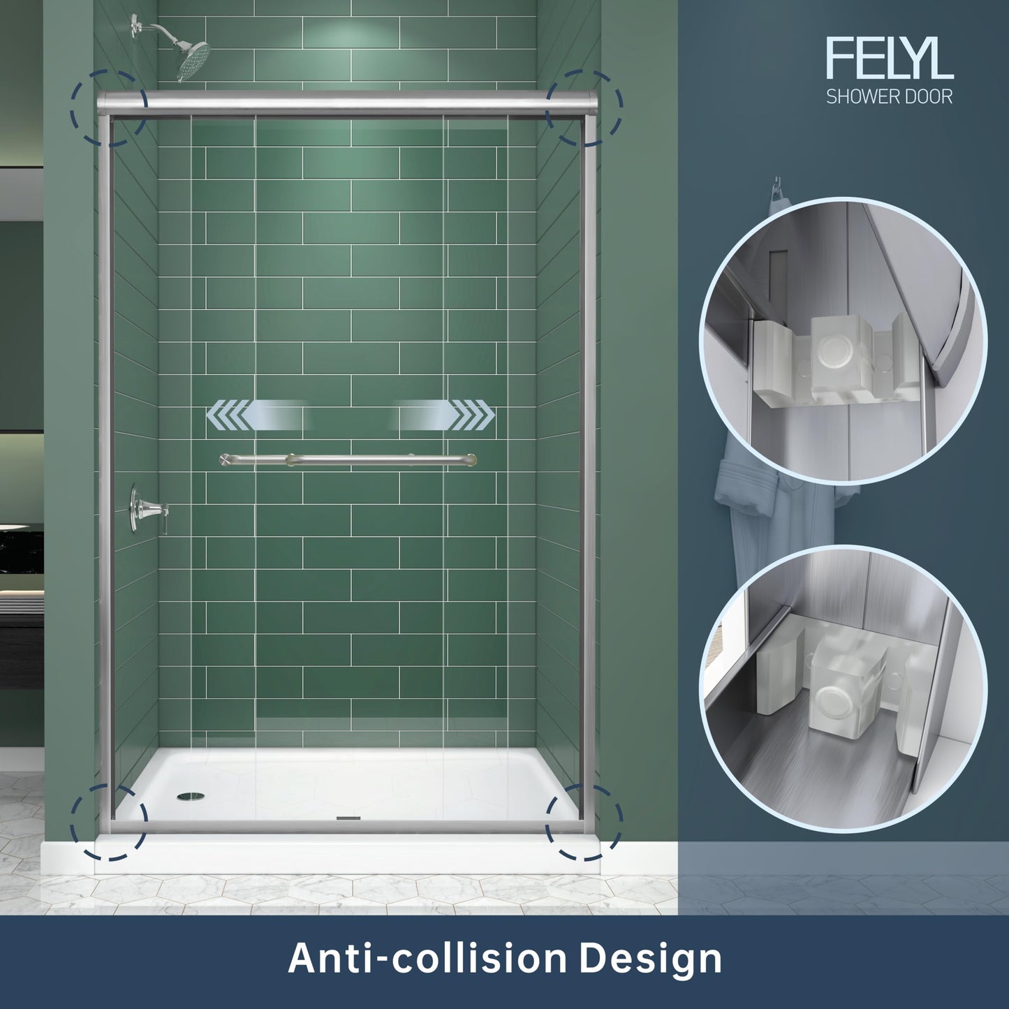 FELYL Double Sliding Shower Door 43-48" W x 72" H, Brushed Nickel, Bypass Shower Door, Clear Glass, Framed, 1/4" (6mm) Tempered Glass