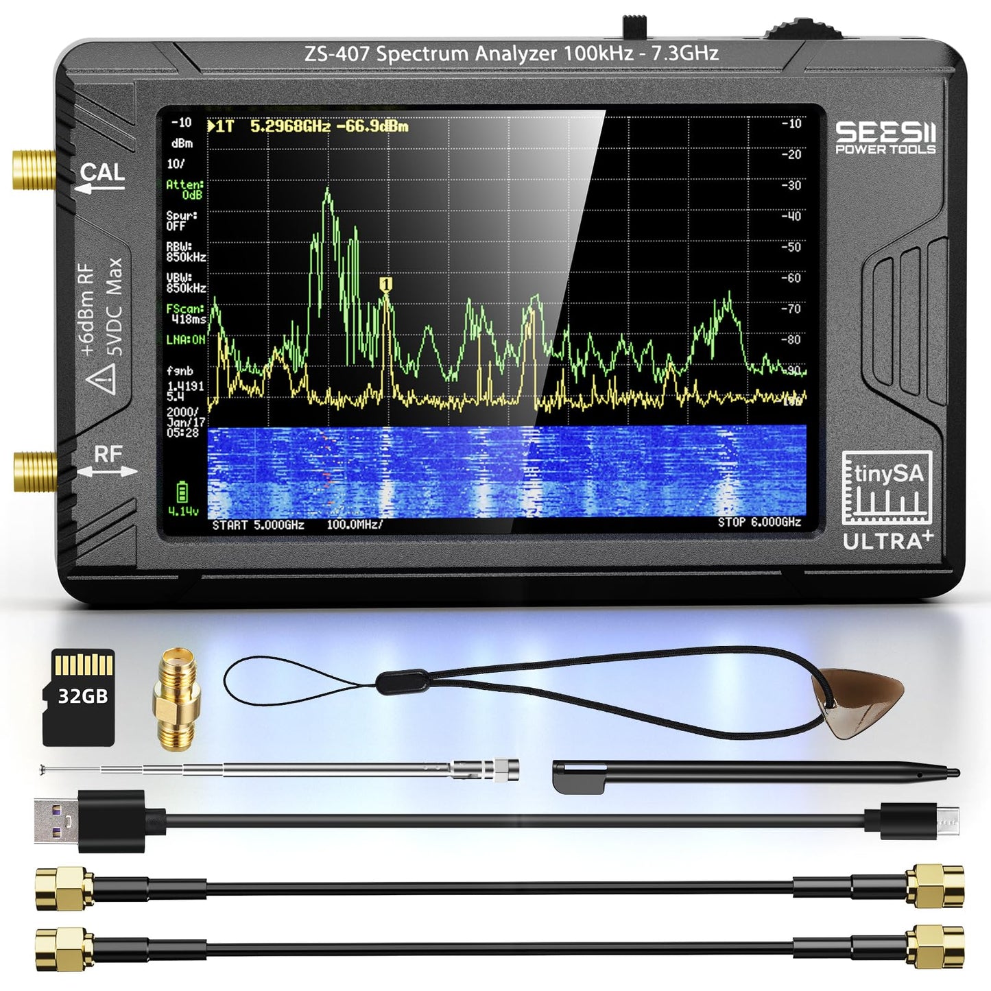 SeeSii TinySA Ultra+ ZS407 7.3GHz Spectrum Analyzer: 2025 Upgraded 4 Inch HW V0.5.4 100kHz-7.3GHz Handheld Tiny Frequency Analyzer - 2-in-1 RF Signal Generator 100kHz to 900MHz MF/HF/VHF UHF