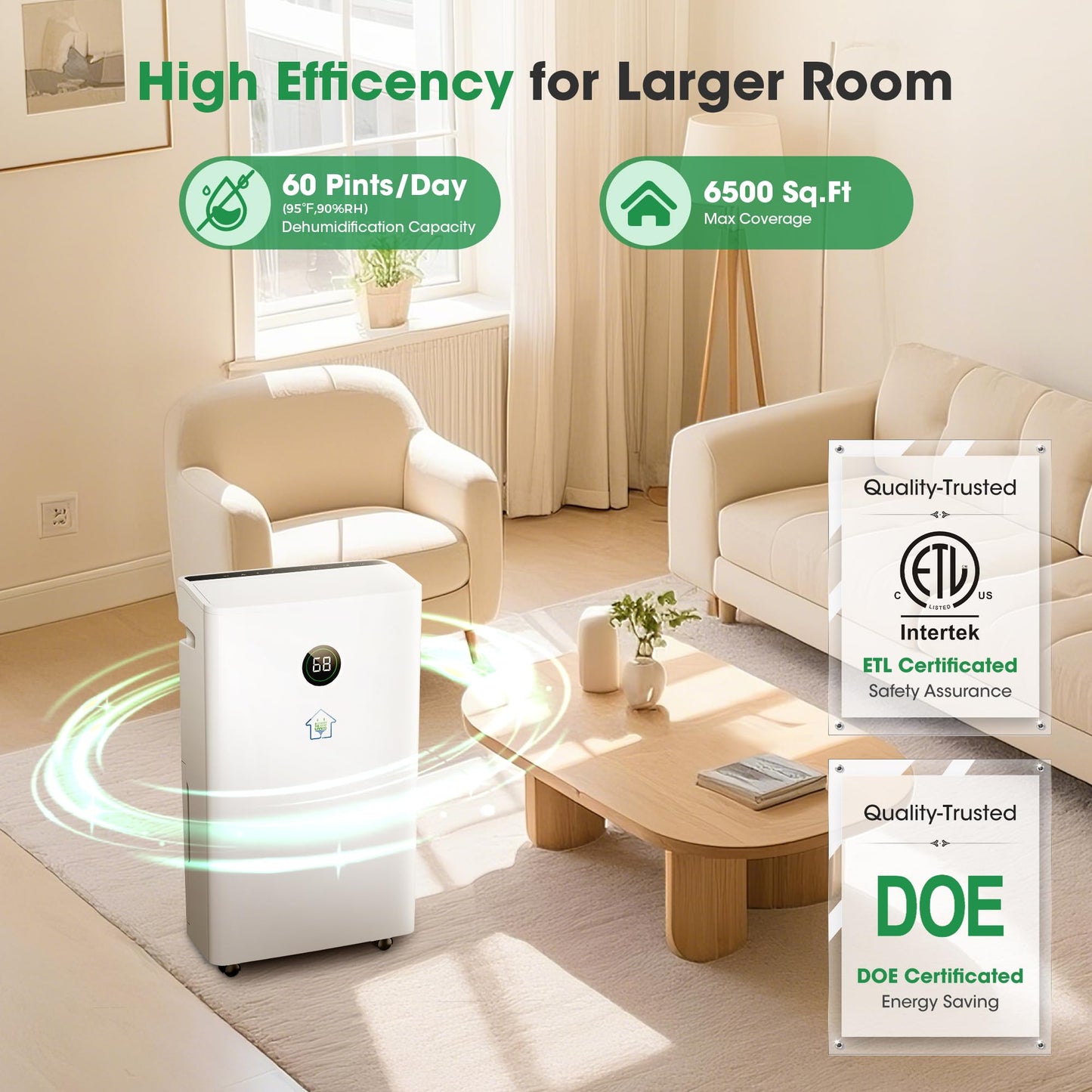 6,500 Sq.Ft Dehumidifier for Basement with Drain Hose, 186 OZ Water Tank, 60 Pint Dehumidifiers for Large Home with Three Operation Modes, Intelligent Humidity Control, 24HR Timer for Bathroom