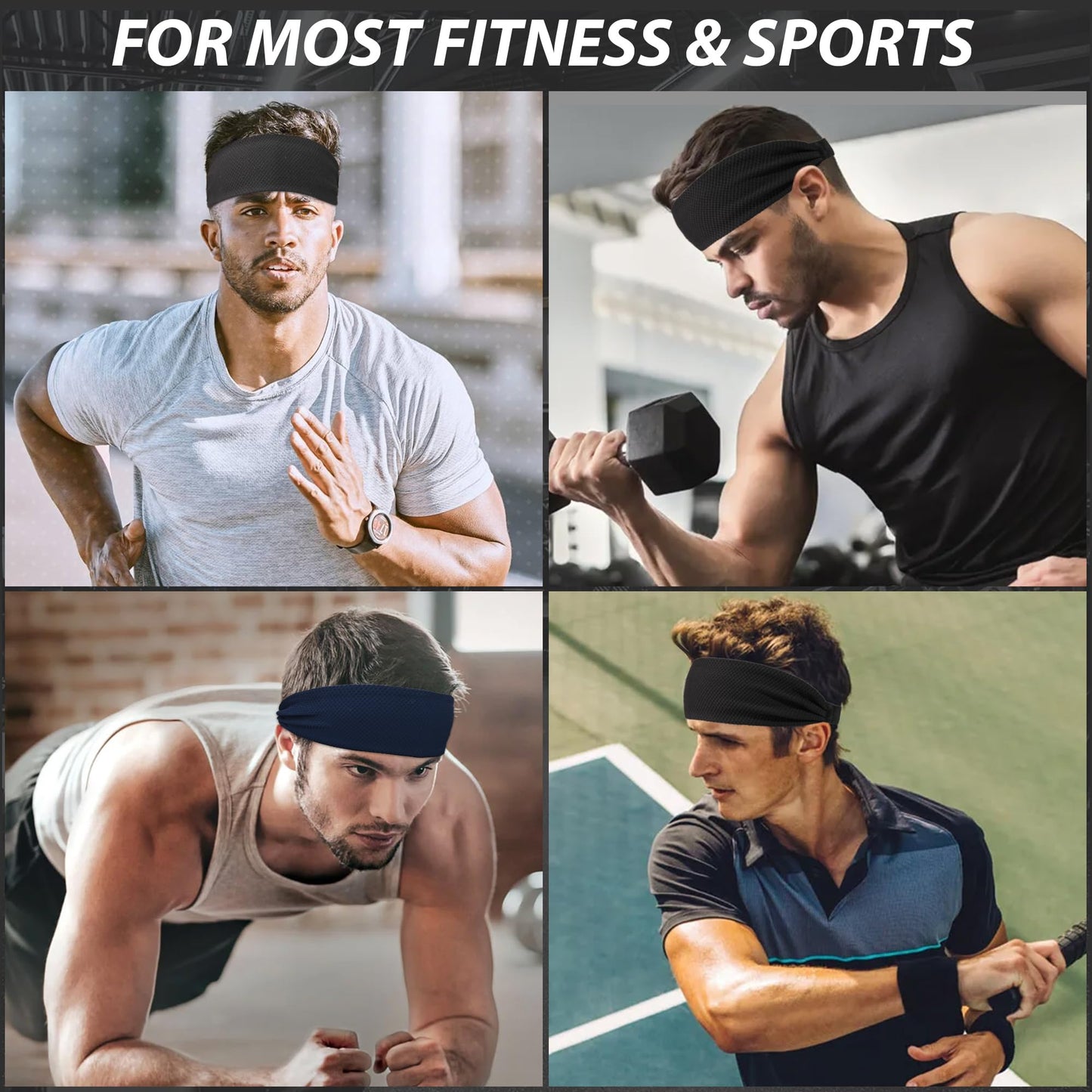 Qearl 4 Packs Cooling Sports Headbands for Men Elastic Workout Sweatbands Moisture Wicking Non-Slip Wide Headbands for Running Cycling