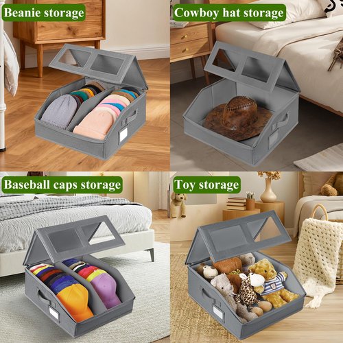 2 Pack Hat Storage for Baseball Caps-Holds Up to 48 Caps, Hat Organizer for Closet Stackable Hat Box with Cardboard, Dustproof Baseball Cap Organizer with 2 Handles for Home Travel (Grey, 2Pack)