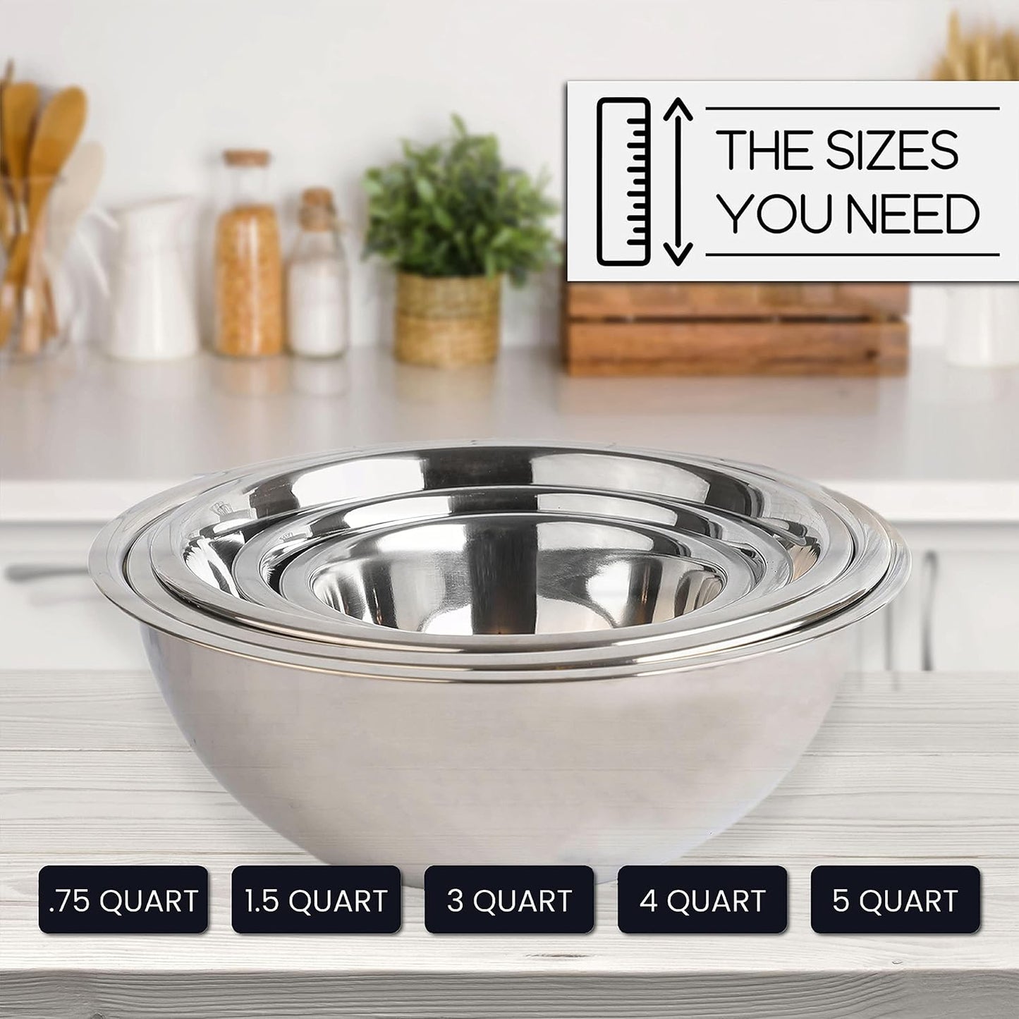 WHYSKO Stainless Steel Mixing Bowl Set - 5-Piece Eco-Friendly Food Storage Organizers | Heavy Duty, No Lids