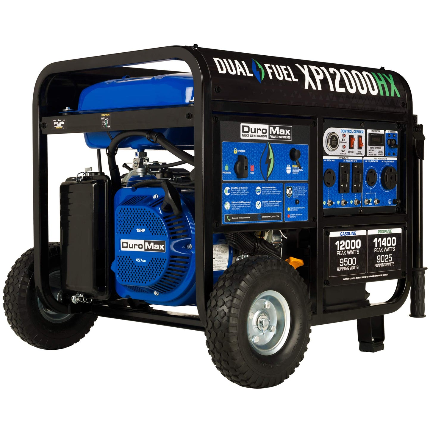 DuroMax XP12000HX 12,000-Watt Dual Fuel Portable Generator - Gas & Propane, Electric Start, Whole Home Power Backup, Transfer Switch Ready, RV & Emergency Ready