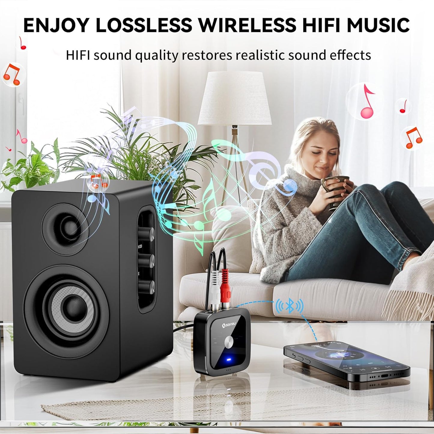 SONRU 6.0 24-Hour 3.5mm/RCA, Bluetooth Receiver, Bluetooth Adapter for Old Receiver, Low Latency, Battery Life with AUX