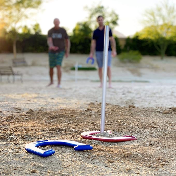 GoSports Steel Horseshoes Outdoor Game Set - Gold & Silver or Red & Blue - Official Size and Weight