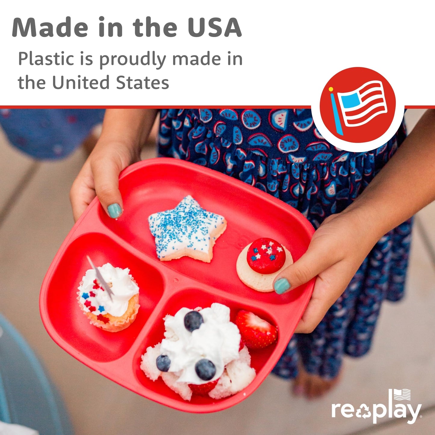 Re-Play Toddler Dinnerware Set - No-Spill Sippy Cup, 7" Divided Plate, Rounded Tip Fork and Deep Scoop Spoon - Dishwasher and Microwave Safe - Made in USA - Red
