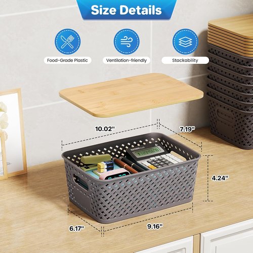 Anysig Plastic Storage Bins - 8 Pack Stackable Baskets with Bamboo Lids for Organizing | Grey
