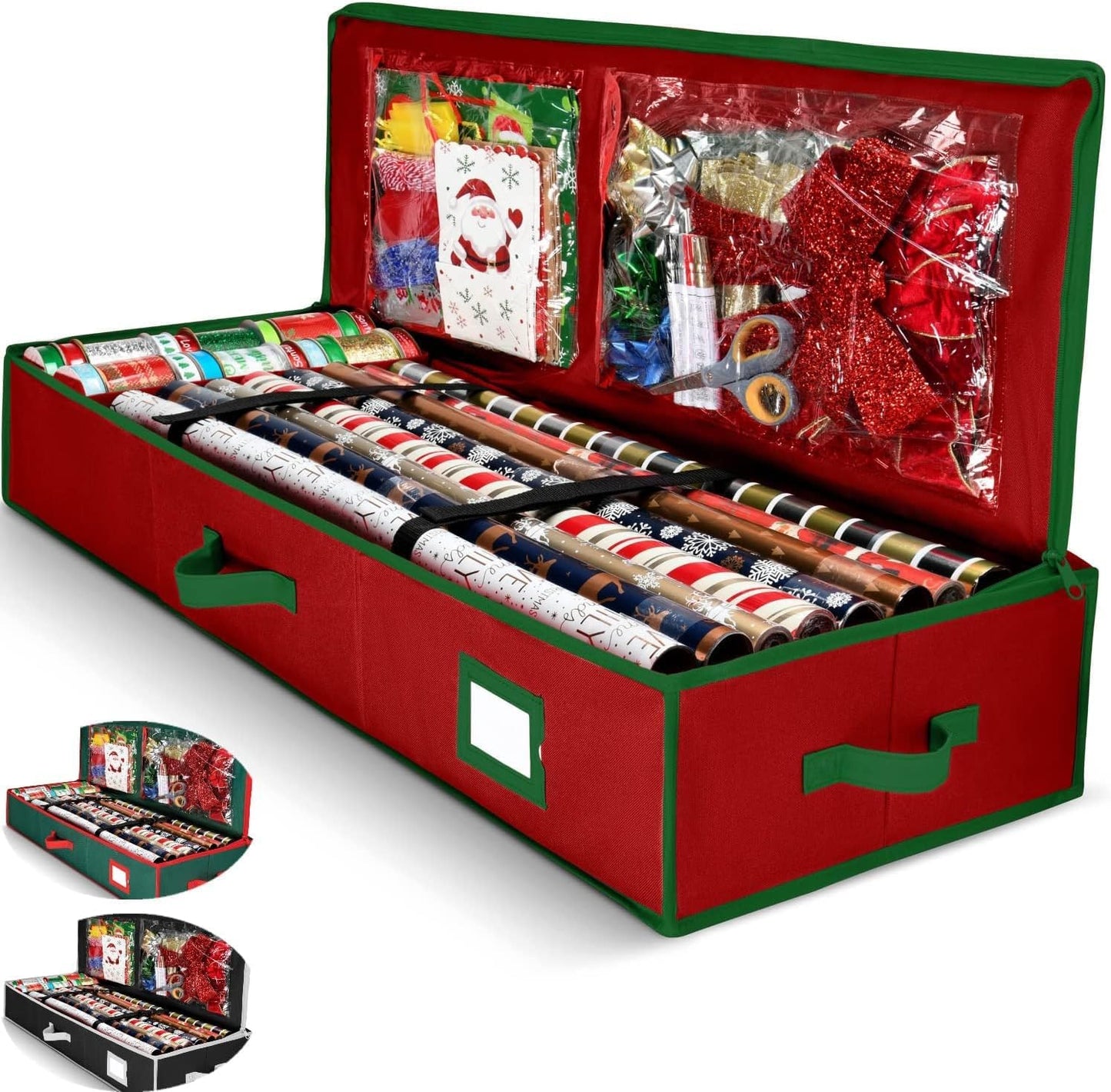 Premium Wrapping Paper Organizer - Heavy-Duty Gift Wrap Holder with Extra Pockets | Fits Up to 27 Rolls (Red)