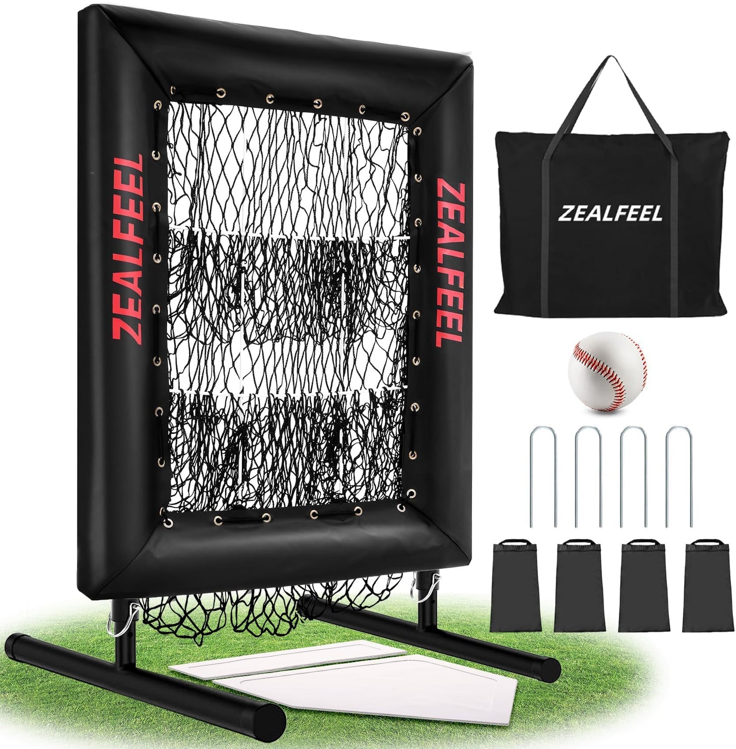 ZEALFEEL Baseball Pitching Net Pro, 9 Hole Pitching Target with Strike Zone Target, 5 Height Adjustable, Portable Easy Setup Trainer Net for Baseball & Softball with Ball, Home Plate & Pitching Rubber