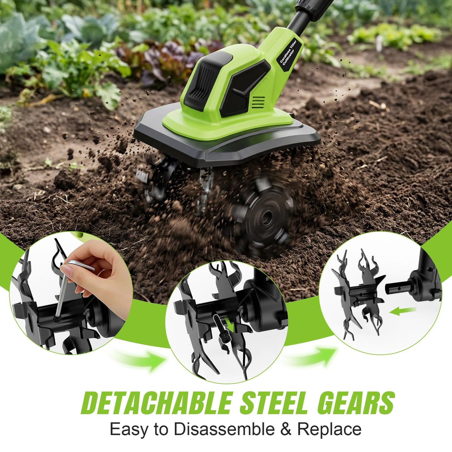 Brushless Cordlees Tiller Cultivator for Gardening, 6000mAh 20v Battery Powered Electric Garden Tiller Rototiller,9" Width 7" Depth,Lightweight Small SoilTiller for Cultivating/Lawn/Garden Tool