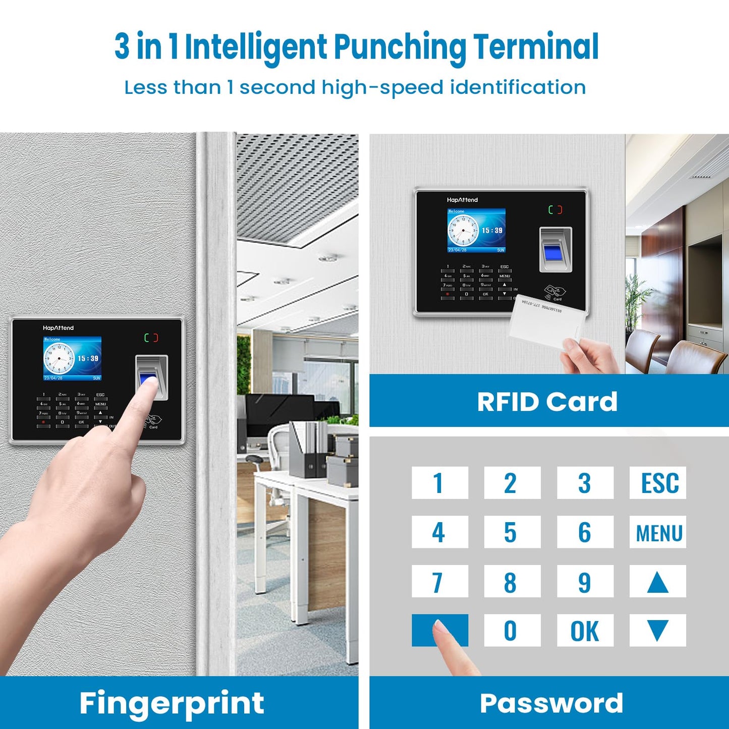 HapAttend Time Clocks Bundle with 15 RFID Cards, 0 Monthly Fees Standalone Biometric Time Attendance Punch Machine with Fingerprint, RFID and PIN - H2