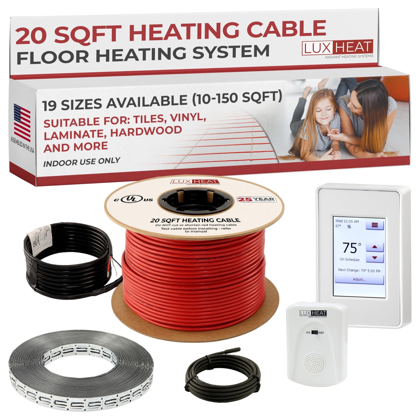 LuxHeat 20sqft Floor Heating Cable Kit - 120v Heated Tile Floor Kit - Heated Flooring System Includes UDG4 Programmable Thermostat w/GFCI, Electric Heat Cable, Strapping, Flooring Sensor & Alarm