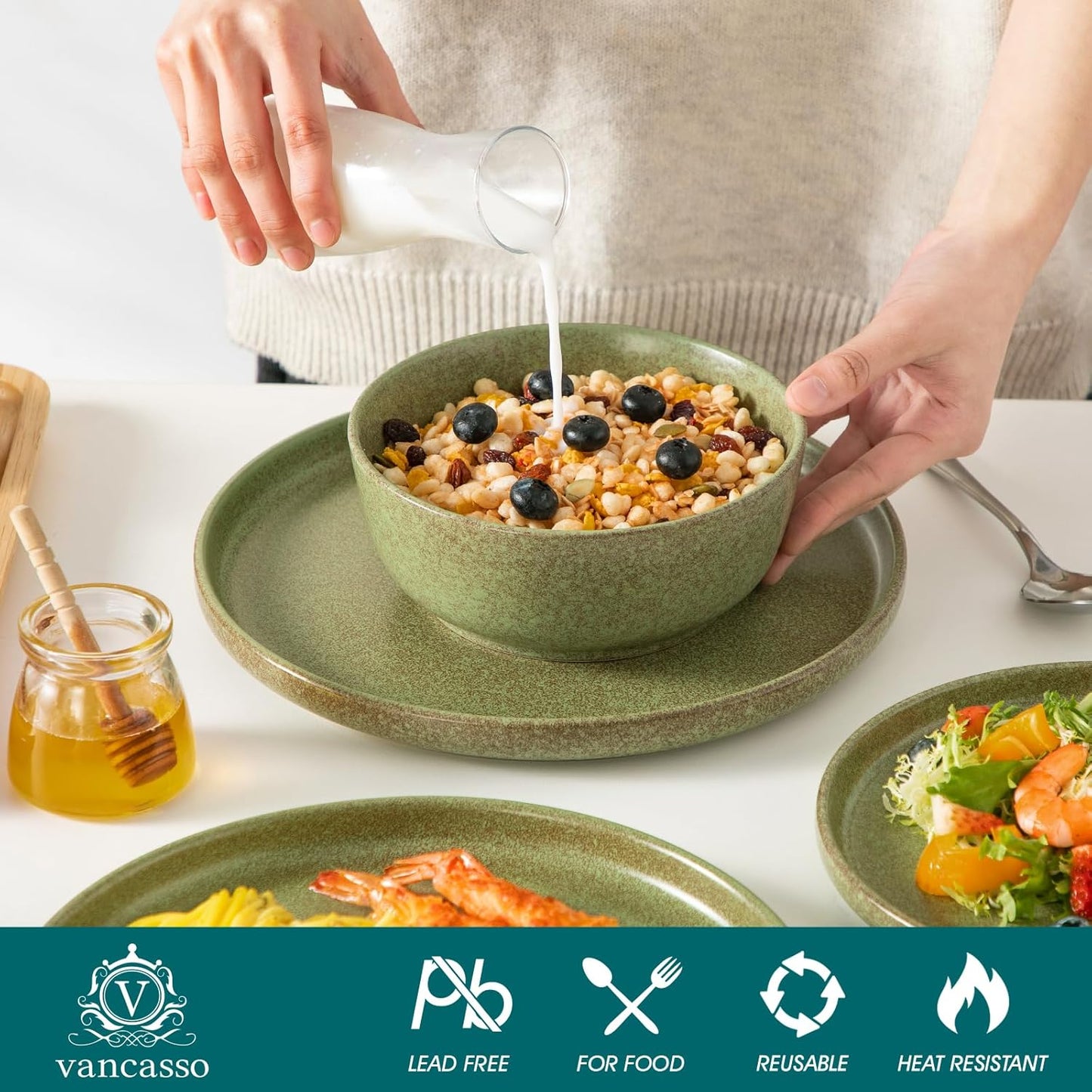 Vancasso ZERMATT Dinnerware Set for 8 - 24 Pieces Scratch Resistant Stoneware | Dishwasher & Microwave Safe, Green