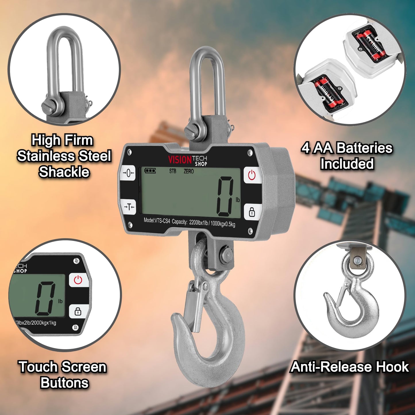 VisionTechShop Digital Crane Scale, VTS-CS4 2200lb/1000kg Heavy Duty Compact Hanging Industrial Scale with Remote Control, Large LCD Display, Backlight for Farm, Factory, Construction