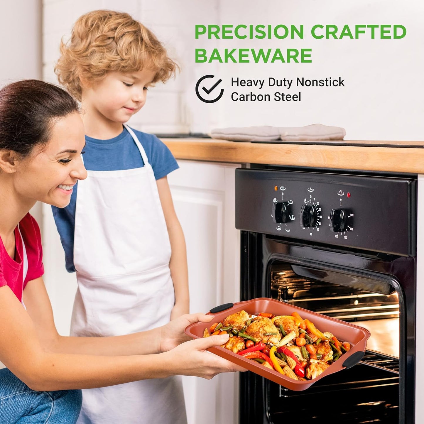 NutriChef 8-Piece Nonstick Baking Pans Set - Durable Carbon Steel Bakeware with Heat-Safe Handles - Rose Gold
