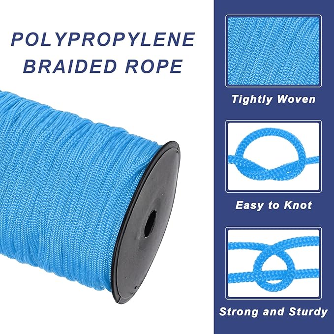 MECCANIXITY 3/16 Inch Polypropylene Rope Braided Ropes, 328ft Nylon Rope Hollow Utility Cord for Clothesline, Camping, Hiking, Outdoor, Lake Blue