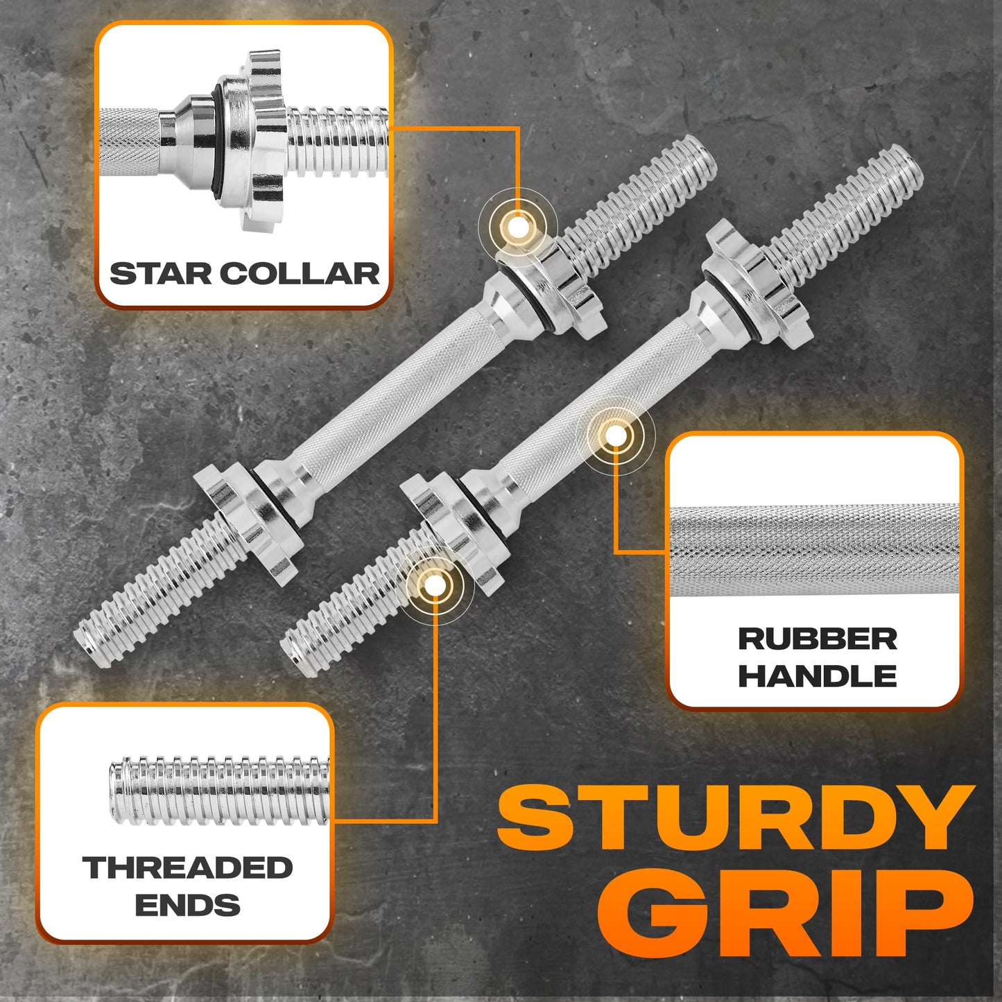 Yes4All Threaded Dumbbell Handles, Build Your Own Secure 14/16/18/24 Inch Dumbbell Bar Pair, Fit 1”–1.15” Plates Adjustable for Strength Progress, Non-Slip Star-Lock Collars, Tight Grip - 14 Inches, Silver