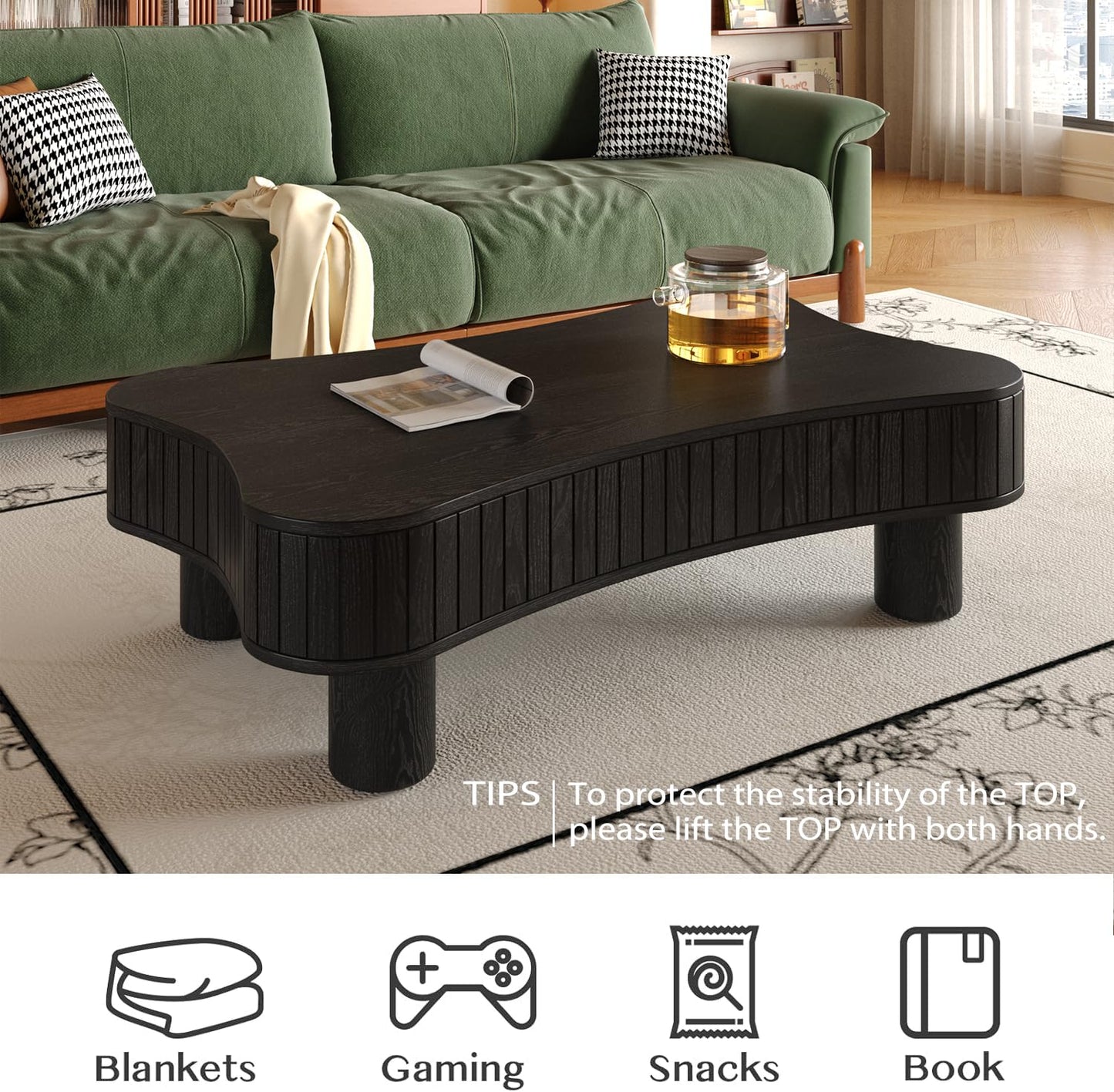 Zurnes Lift Top Coffee Table with Storage, 42" Accent Table for Living Room, Fluted Panel Hidden Storage, Silent Hydraulic Lift, Curved Corners, Easy Assembly, Black