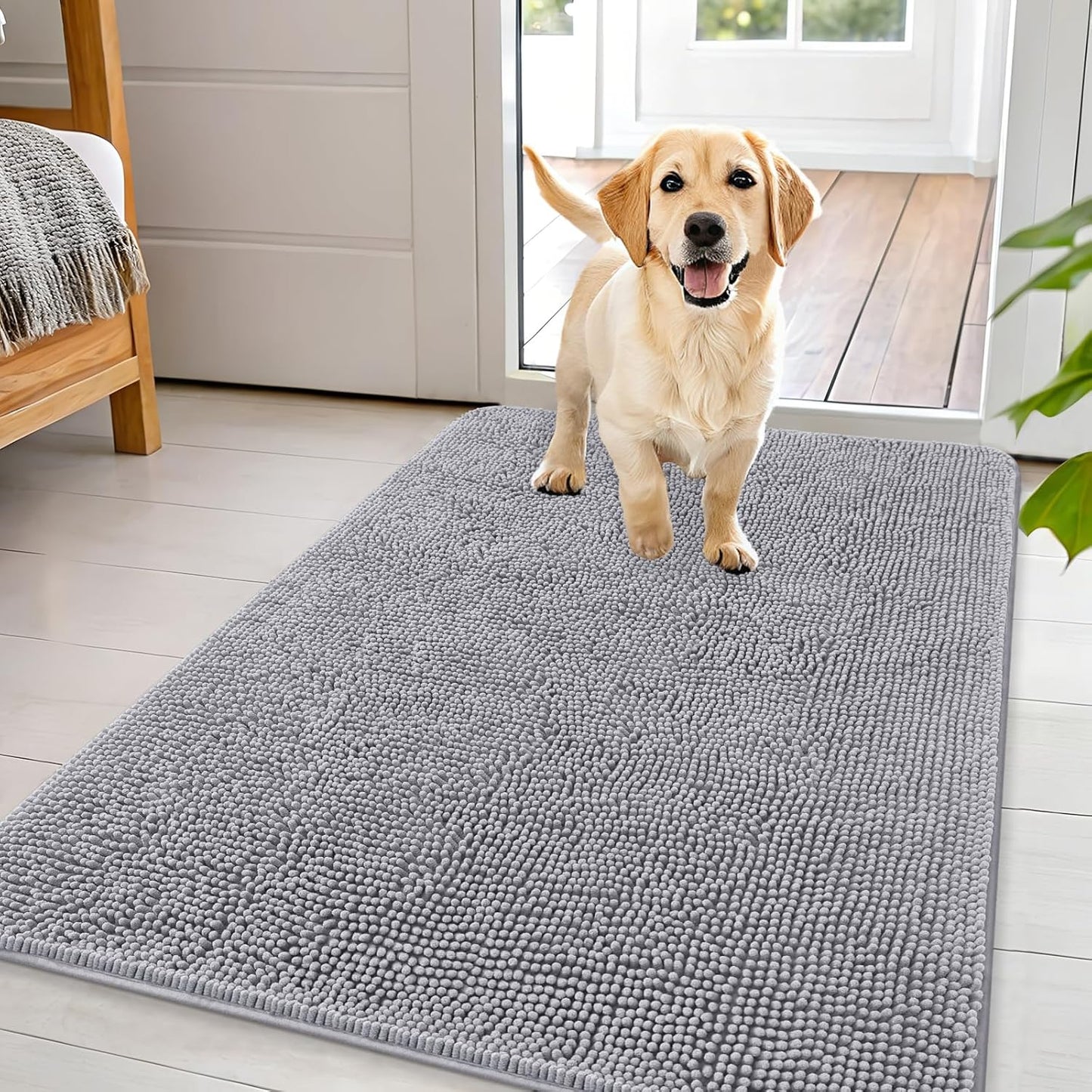 OLANLY Dog Door Mat - Absorbent Non-Slip Chenille Mat for Muddy Paws | Quick Dry, 44x32, Light Grey