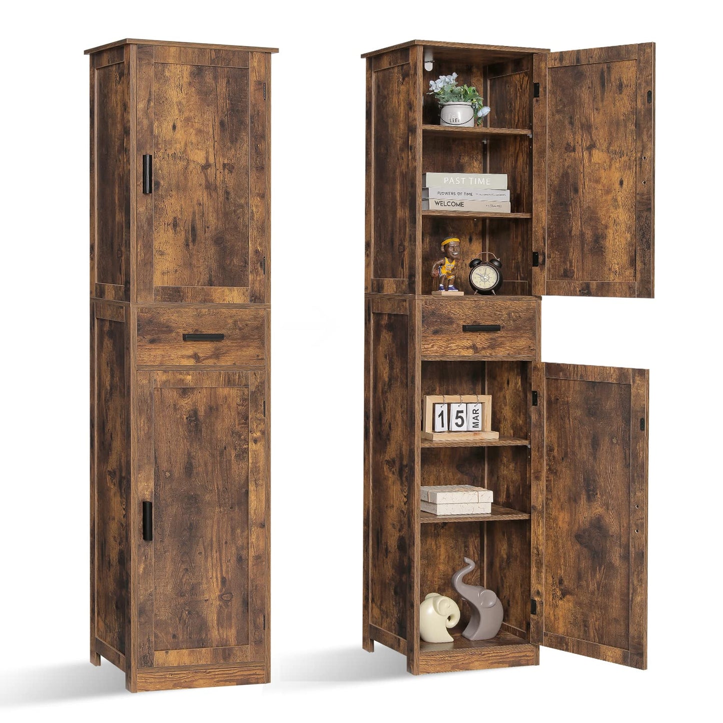 usikey 67'' Tall Storage Cabinet with Adjustable Shelves & 2 Doors, Bathroom Cabinet with 1 Drawer, Narrow Tall Cabinets for Living Room, Home Office, Rustic Brown UNSNG040F