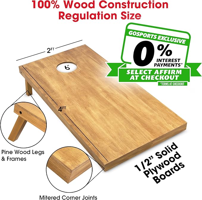GoSports 4 ft x 2 ft Regulation Size Wooden Cornhole Boards Set - Includes Carrying Case - Full Regulation Size Bean Bag Toss Boards