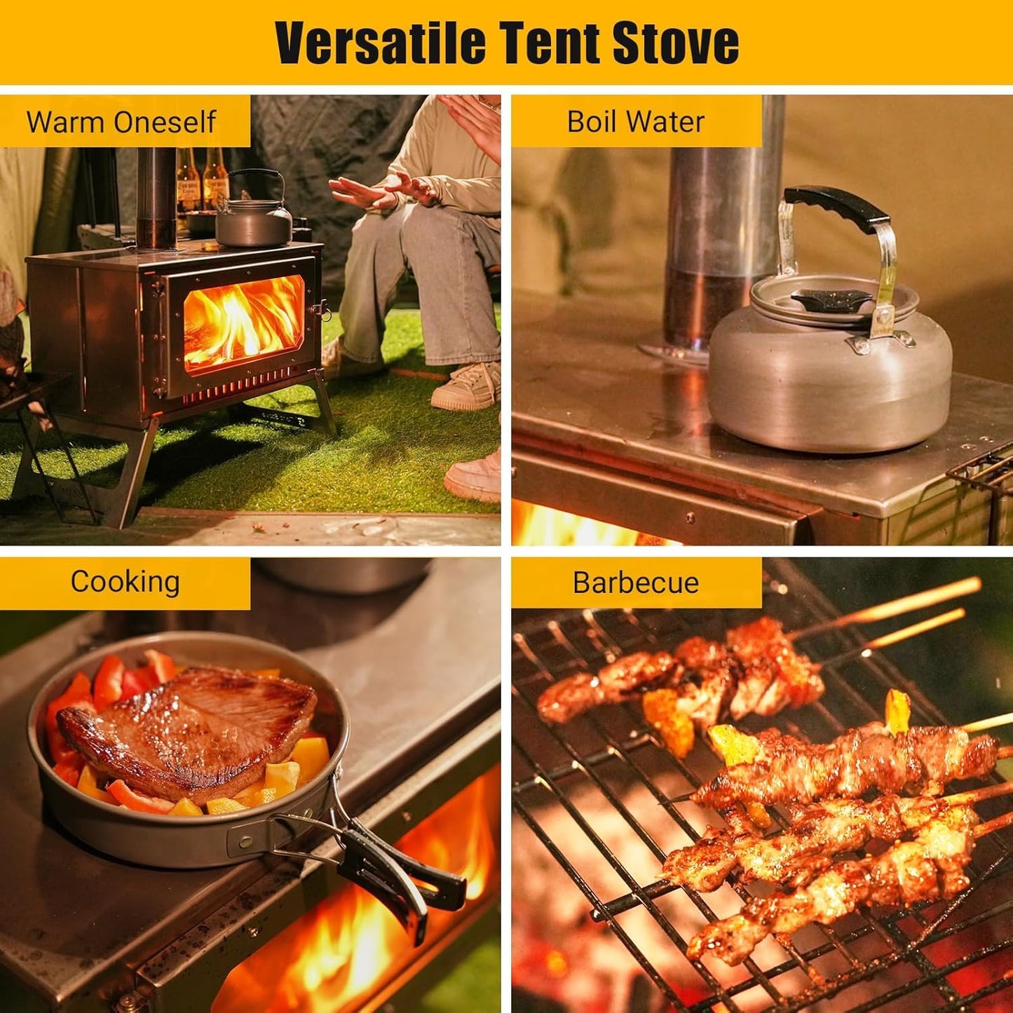 Stainless Steel Camping Tent Stove with Pipe & Bag, Portable Wood Burning Stove for Outdoor Cooking, Hot Tent, Backpacking, Firewood, Folding Camp Wood Stove for Camping with Grill