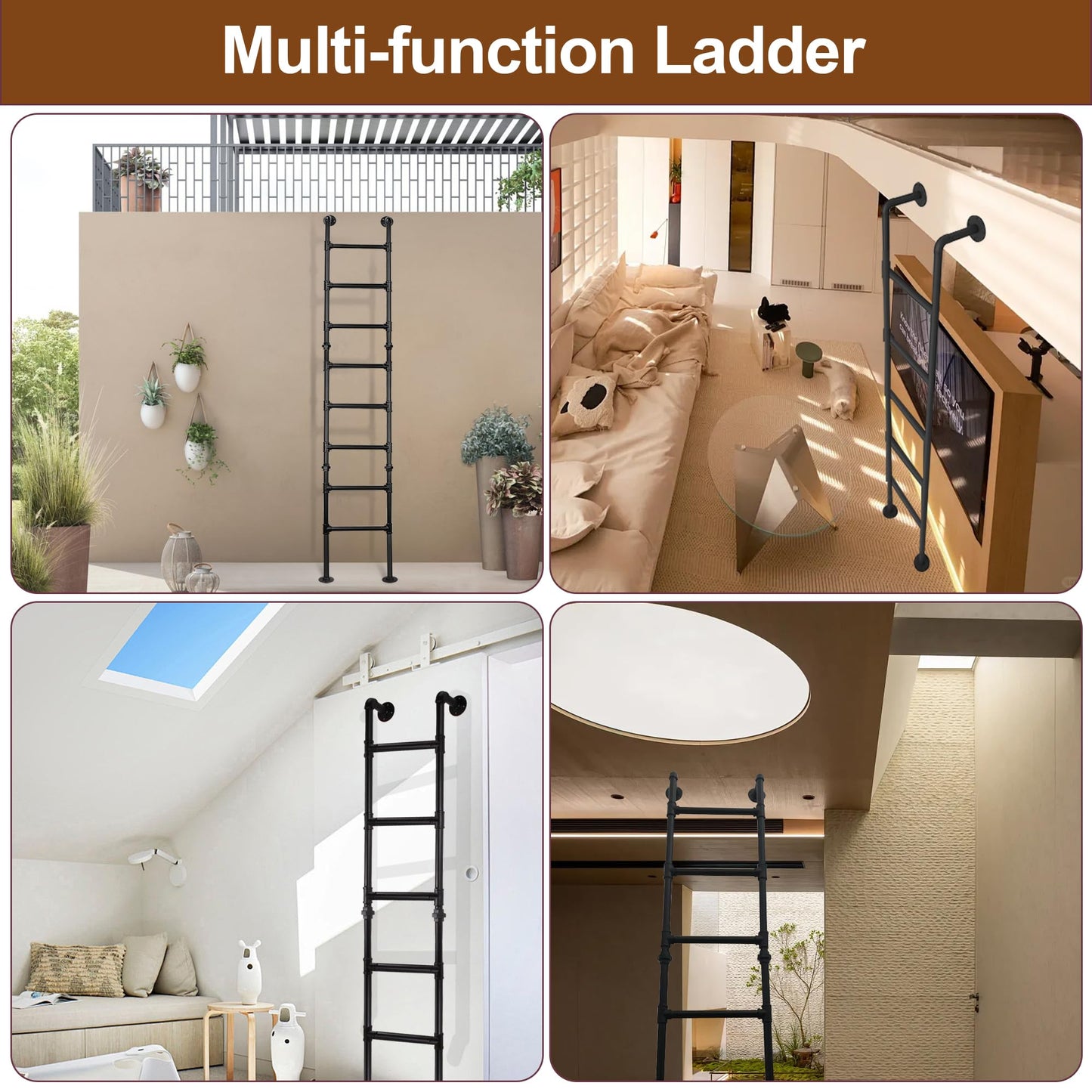 8FT/244CM Ladder for Loft, Wall-to-Floor Window Well Egress Climbing Ladder, Wrought Iron 330lbs Capacity, 8-Rung, Indoor Outdoor for Basements, Attics, Lofts, Dorms & Home