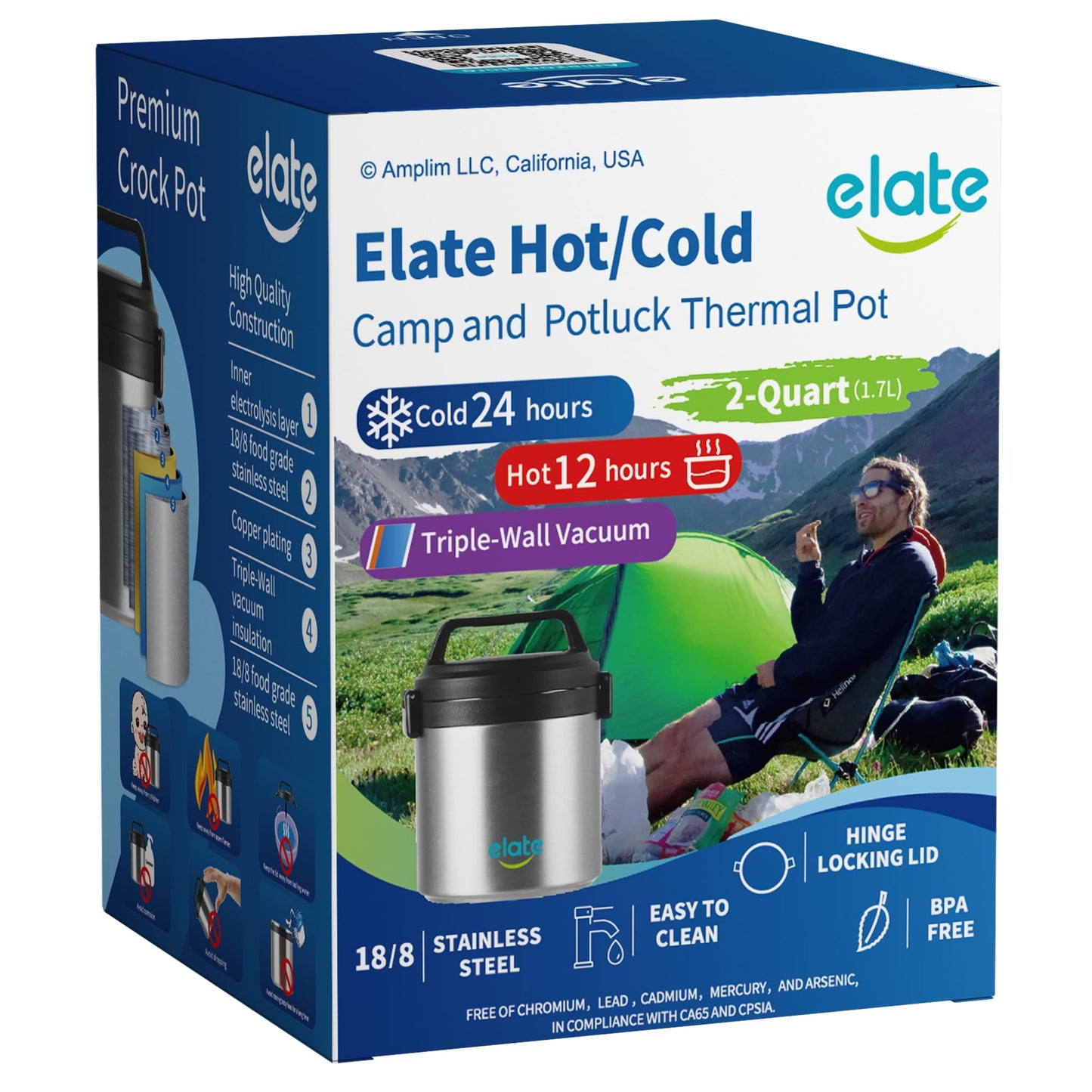 Elate 2-Quart/64oz Camp Crock Thermos for Hot/Cold Food, Wide-Mouth Thermal Container, Stainless Steel Vacuum-Insulated Jar, Portable Lunch Pot for Outdoor Adventure, Camping, Picnics, Trips, Potlucks