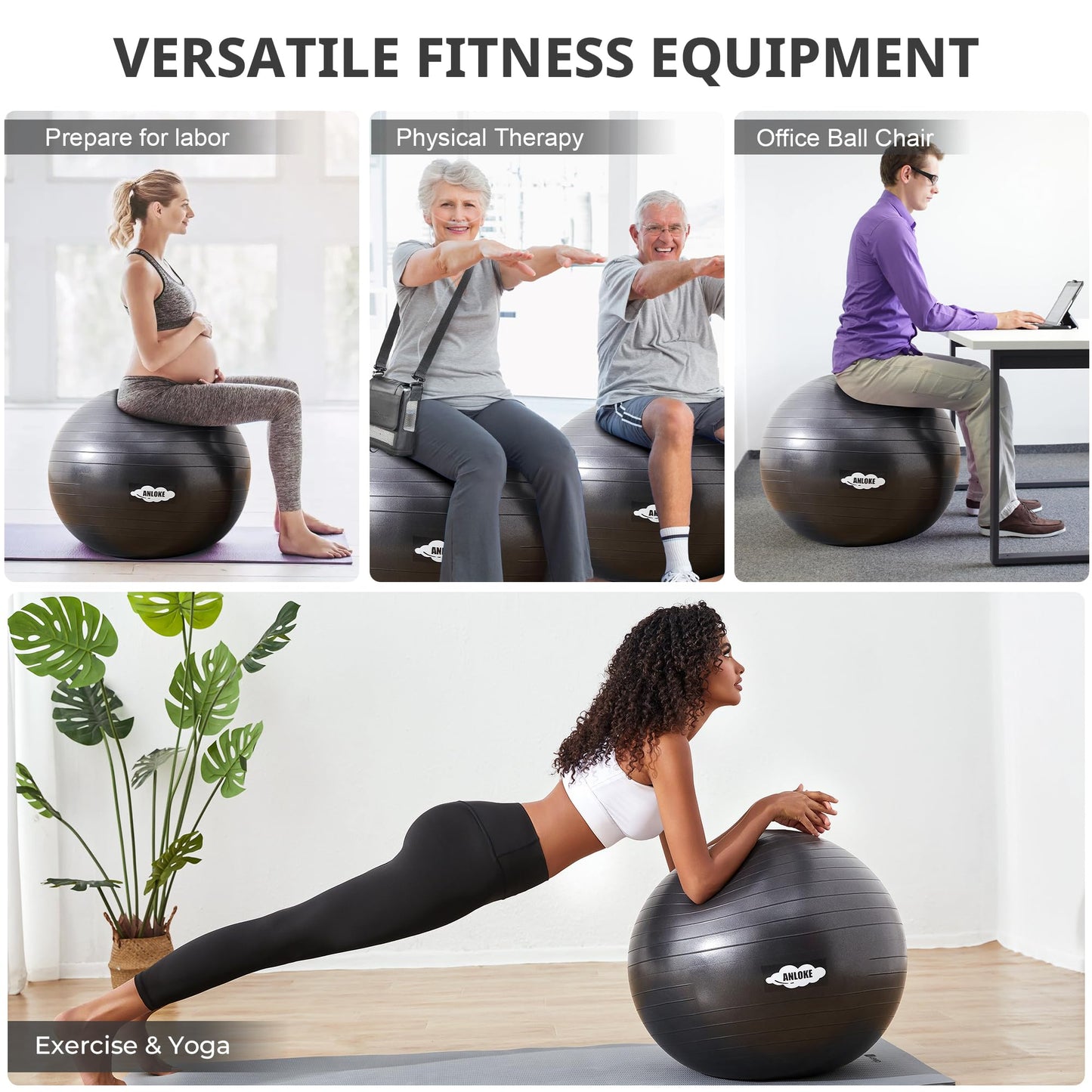 Yoga Ball for Exercise Fitness & Balance, Anti-Burst Stability Ball Chair, Birthing Ball for Pregnancy -M (19"~22") 55cm, Black