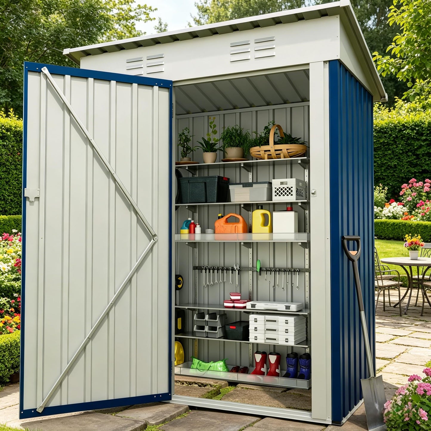 Outdoor Storage Shed, 5x3 ft Metal Tool Shed with Clear Window, 450CU.T Waterproof Garden Shed with Sloping Roof and Lockable Door, Compact Utility Shed for Backyard, Patio, Lawn