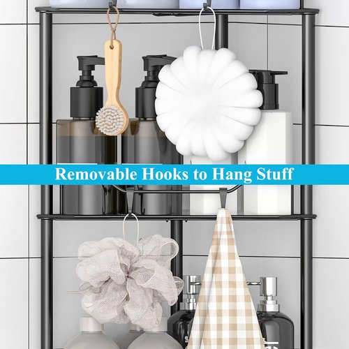 HuggieGems Corner Shower Caddy Organizer - 2 Tier Floor Standing Shelf with Hooks | Black Finish