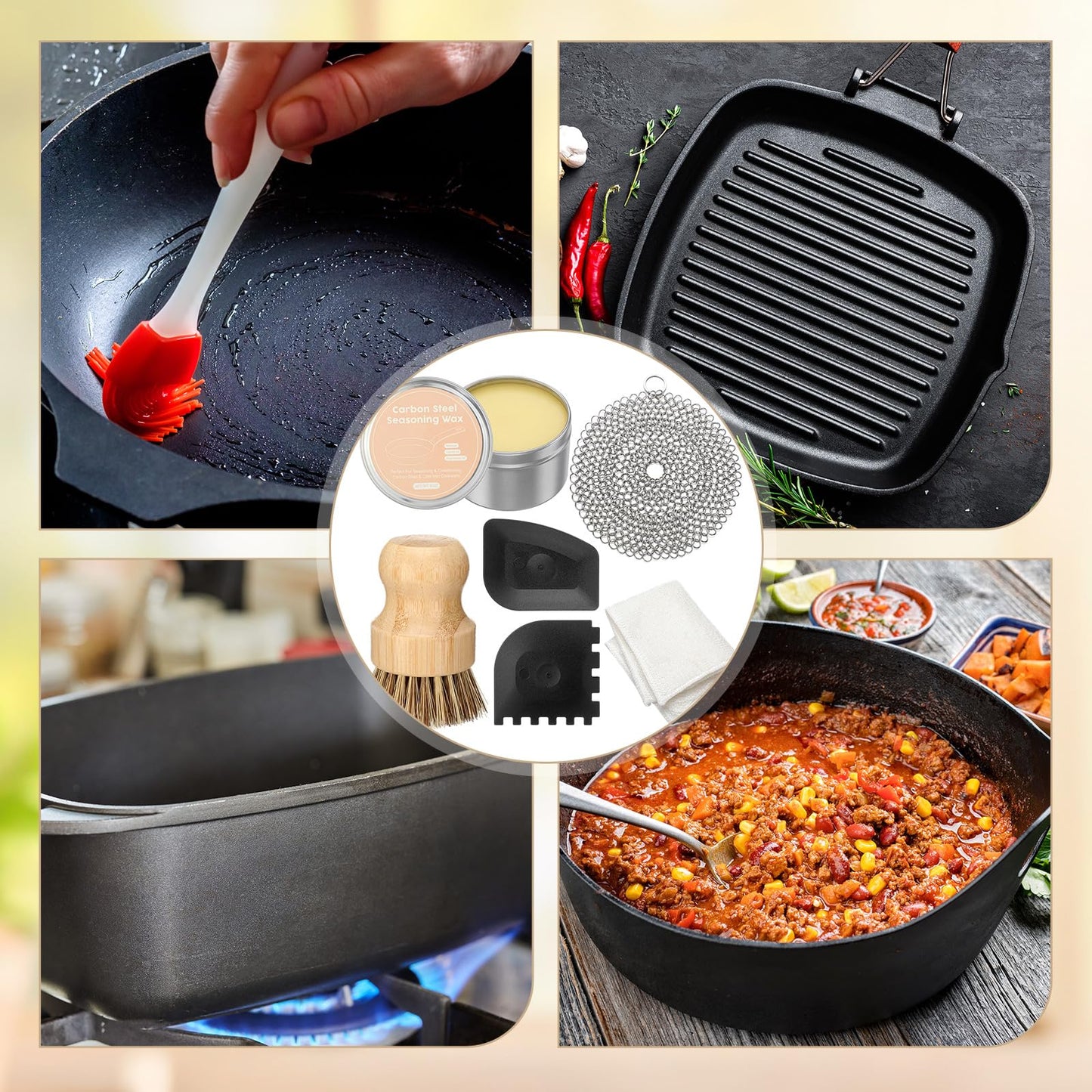 ElaraBerry 6 Pcs Cast Iron Cleaning Kit Includes Cast Iron Seasoning Wax, Chain Mail Scrubber, Cleaning Brush, Scrapers and Dish Towel Carbon Steel Care Set for Pan Grill Kitchen Supplies