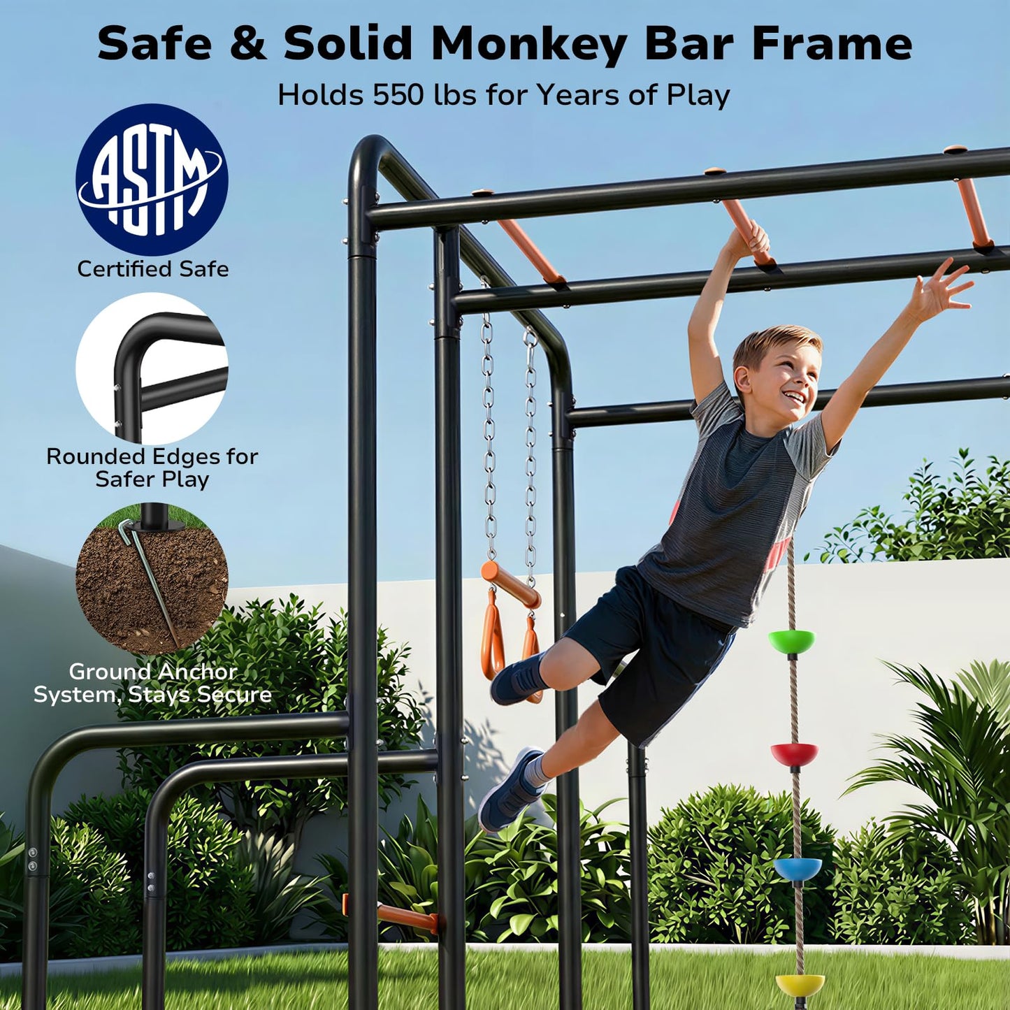 Hapfan Outdoor Jungle Gym with Monkey Bars Frame, 5-in-1 550lbs Heavy-Duty Metal Swing Sets for Backyard with Climbing Net & Rope, Trapeze Swing Bar, Belt Swing, Gymnastics Bars, Kids Playground Set