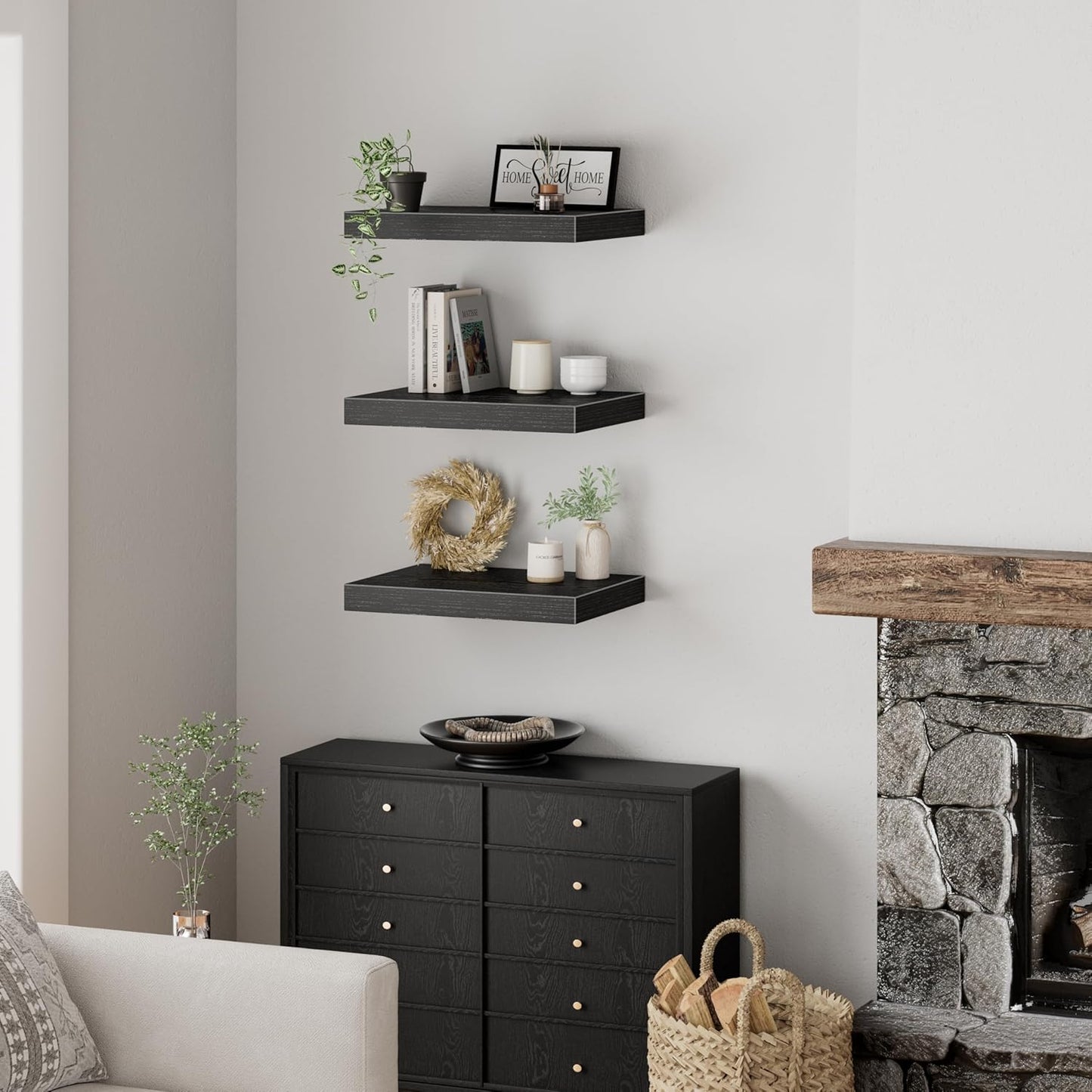 QEEIG Floating Shelves - 12" Deep Wall-Mounted Bookshelf Set of 3 for Bathroom, Bedroom & Kitchen - Black