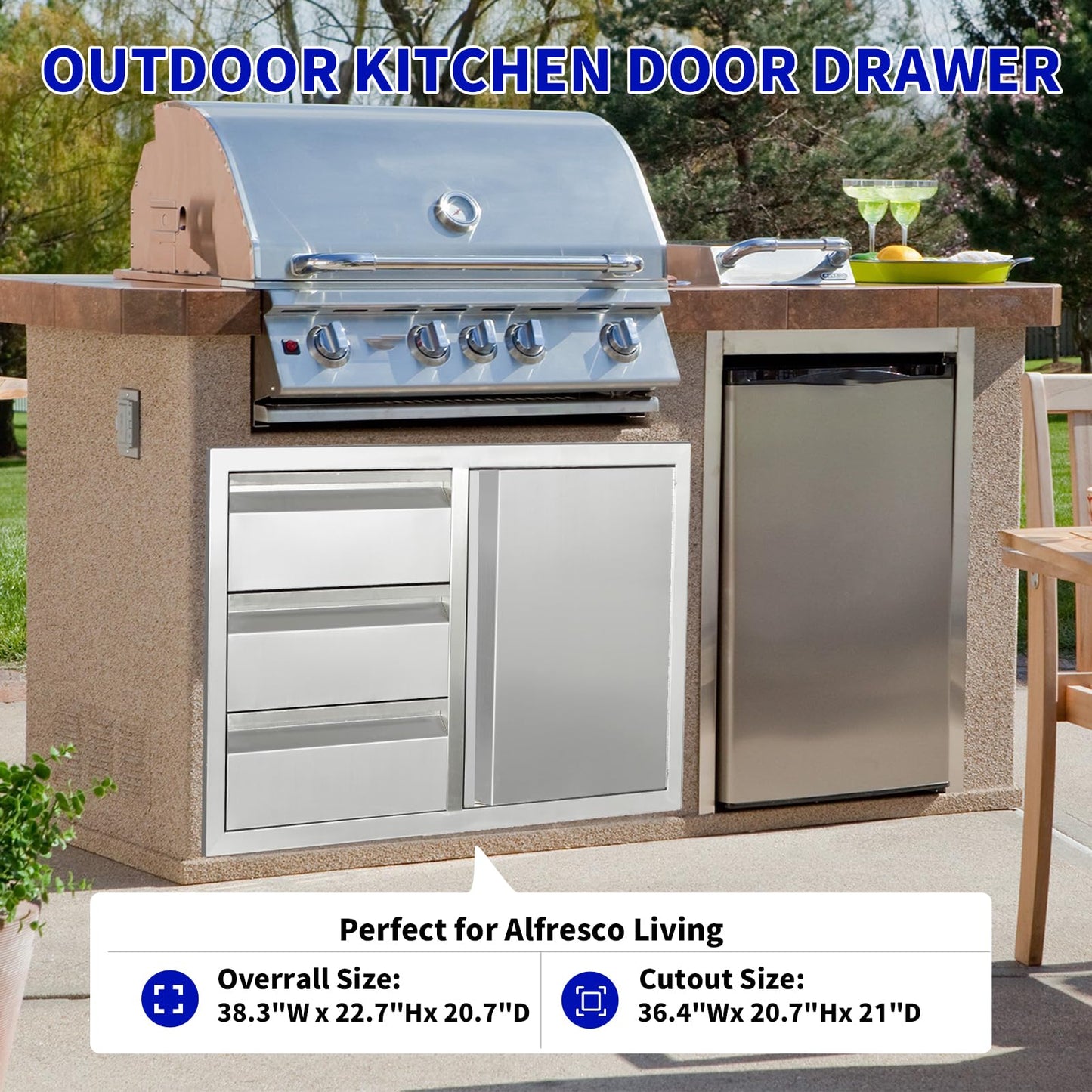 Outdoor Kitchen Door Drawer Combo Cabinet, Triple Drawers & BBQ Access Combo, Stainless Steel with Handles Cabinet for Outdoor Kitchen Island 38.1W x 22.6H x 20.8D (Right Door and Drawer Combo)