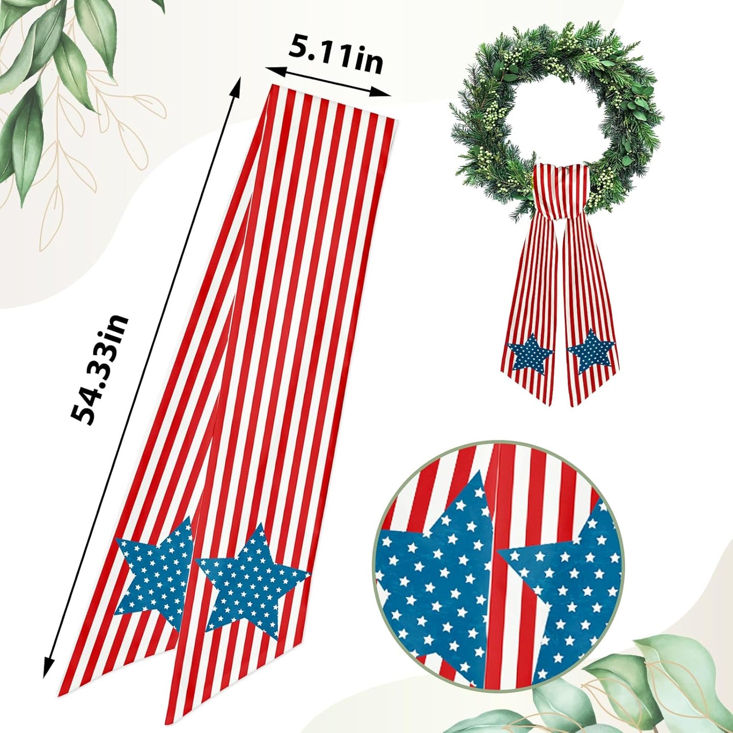 Patriotic Wreath Sash - Red White Stripe Star Design | Burlap Garland Ribbon for 4th of July Decor, 5.1 x 54.3"