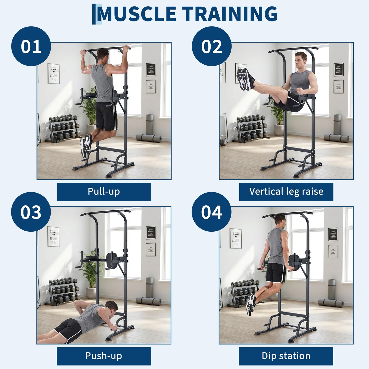 COZONY Adjustable Power Tower Pull Up & Dip Station – Multifunction Strength Training Equipment – 880LBS Capacity – Space-Saving Standalone Chin Up Bar – Black Color