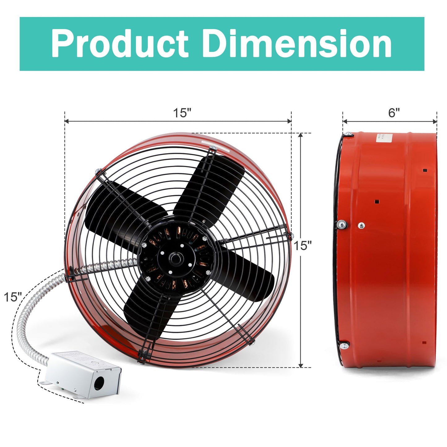 Hipoilk Gable Mount Attic Fan with Adjustable Thermostat, 15 Inch Exhaust Fan for Attic, Garage, Shed, Shop Ventilation, 1300 CFM, 1075 RPM, 1850 SQF Coverage Area
