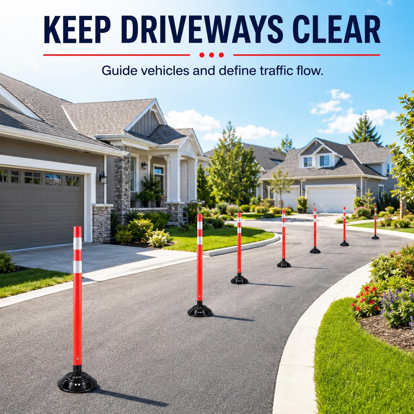 BESEA 8PCS 48" Traffic Delineator Posts with Detachable Base & High-Visibility Reflective Collars,Orange Durable Flexible Safety Cones for Work Zones, Parking Lots, and Roadways