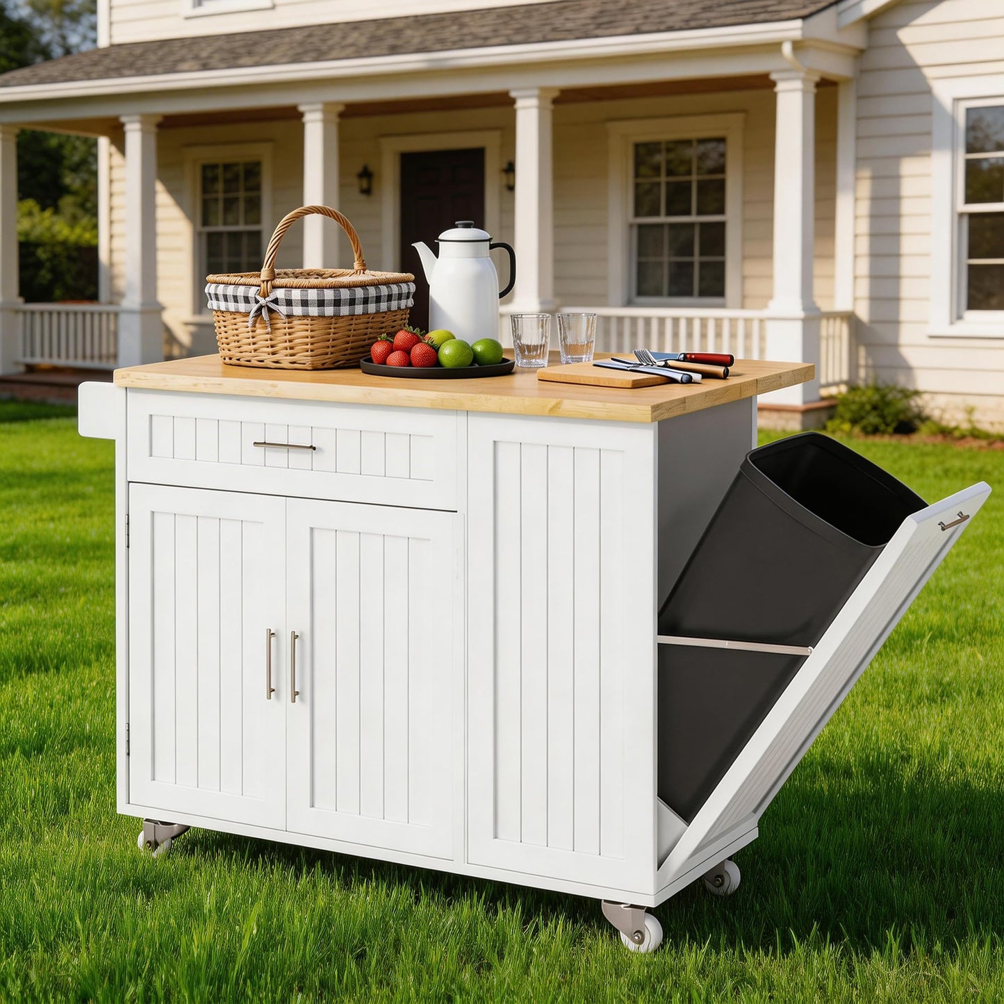 TEROL Kitchen Island with Outlet, Rolling Kitchen Cart Storage on Wheels with Drop Leaf, Trash Can Area, Spice Rack, Towel Bar, Adjustable Shelf, Drawer, Mobile Island Table for Kitchen