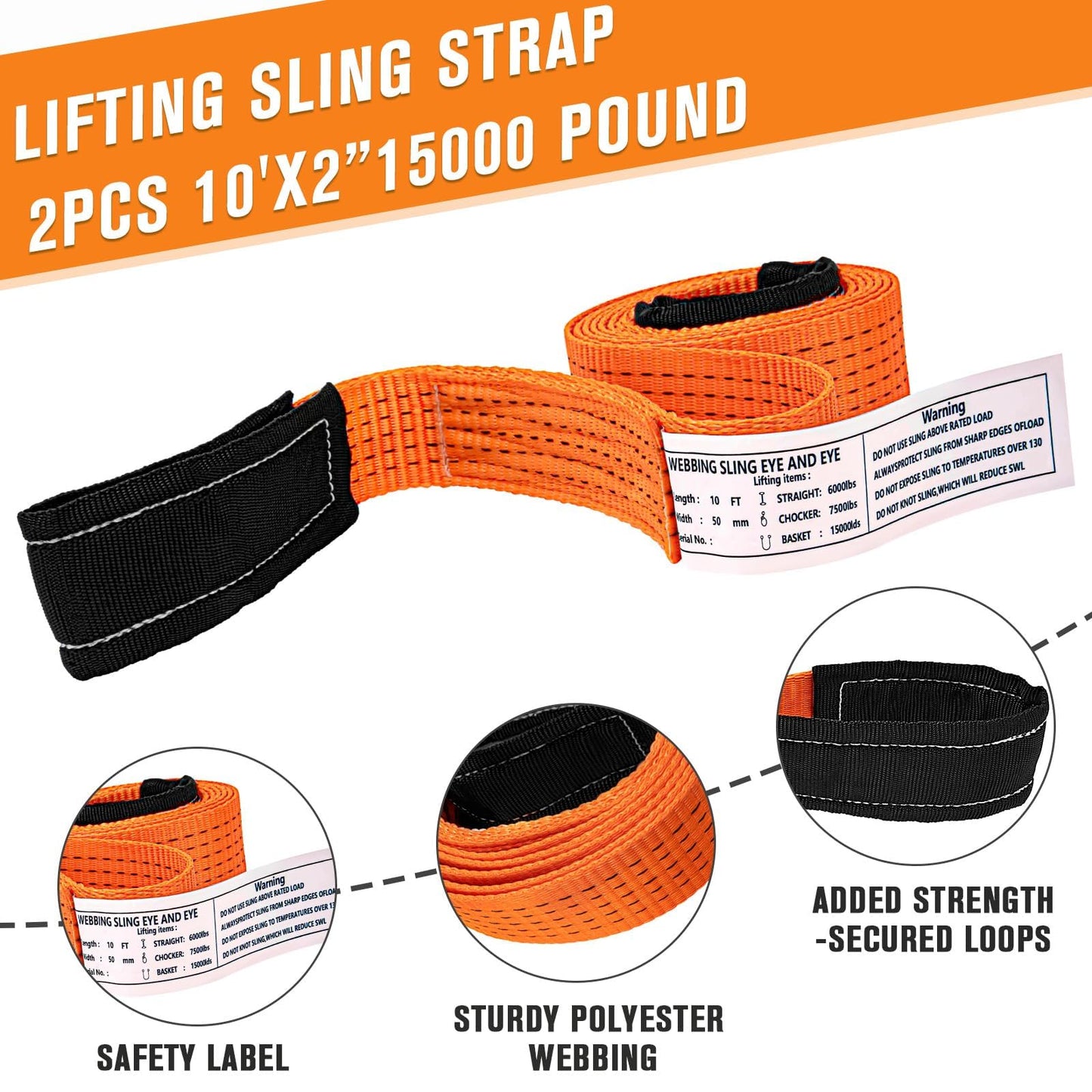 2 Pcs 2" x10FT Heavy Duty Nylon Lifting Sling Strap, 15000lb Capacity Super Sturdy Flat Eye Rigging Strap for Hoist, Towing, Moving, Tree Saver Recovery, and Winch