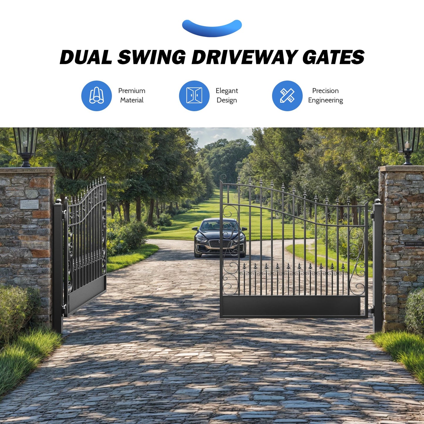 ZUMI Dual Swing Driveway Gates, 14x6 ft. Outdoor Steel Swing Gates for Driveway, Heavy-Duty Driveway Fence Gates for Home Security, Weatherproof Iron Security Gate Kit for Outdoor, Greerwich Style