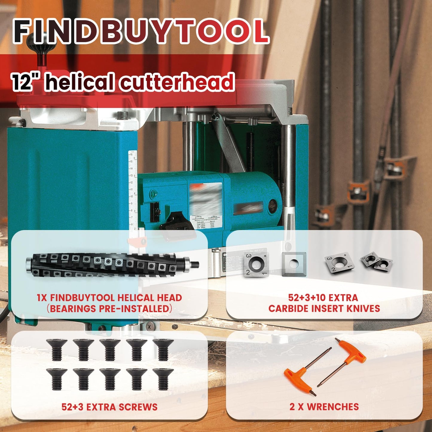 FINDBUYTOOL Helical Cutterhead for Makita 2012NB 12inch Planer with 52 Carbide Inserts, Low Noise, Superior Finish, Easy Replacement and Durable