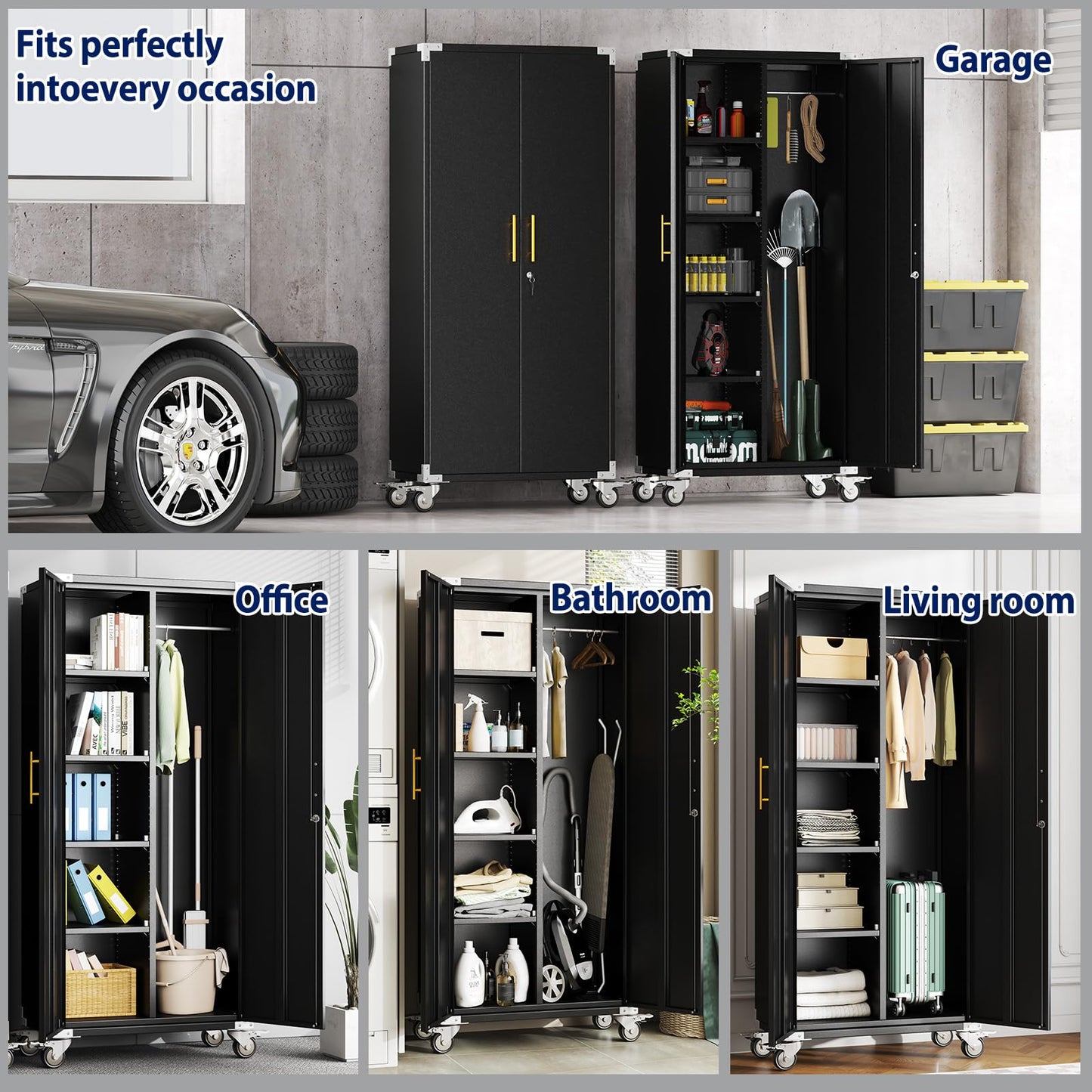 erosoei 71" Broom Storage Cabinet, Cleaning Tool Storage Cabinet, Garage Utility Storage with Hooks and Hanging Rods, Heavy Duty Garden Tool Organizer, for Home, Garage, Laundry Room, Gym, Workshop.