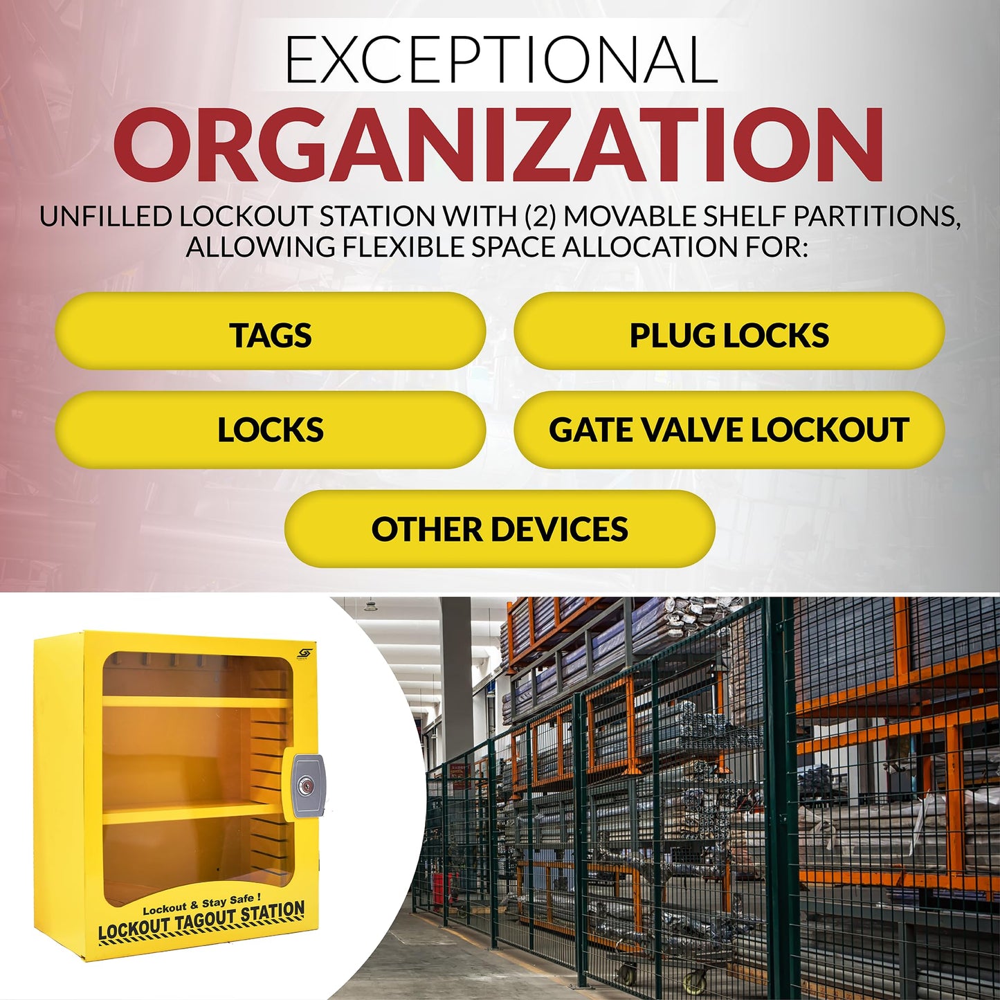 Goppli Lockout Tagout Kit Cabinet - Wall Mount Loto Station for Lock Out Tag Out Safety Locks, OSHA Compliant Steel Lockout Box with 2 Adjustable Shelves, Industrial Yellow Safety Cabinet Unfilled