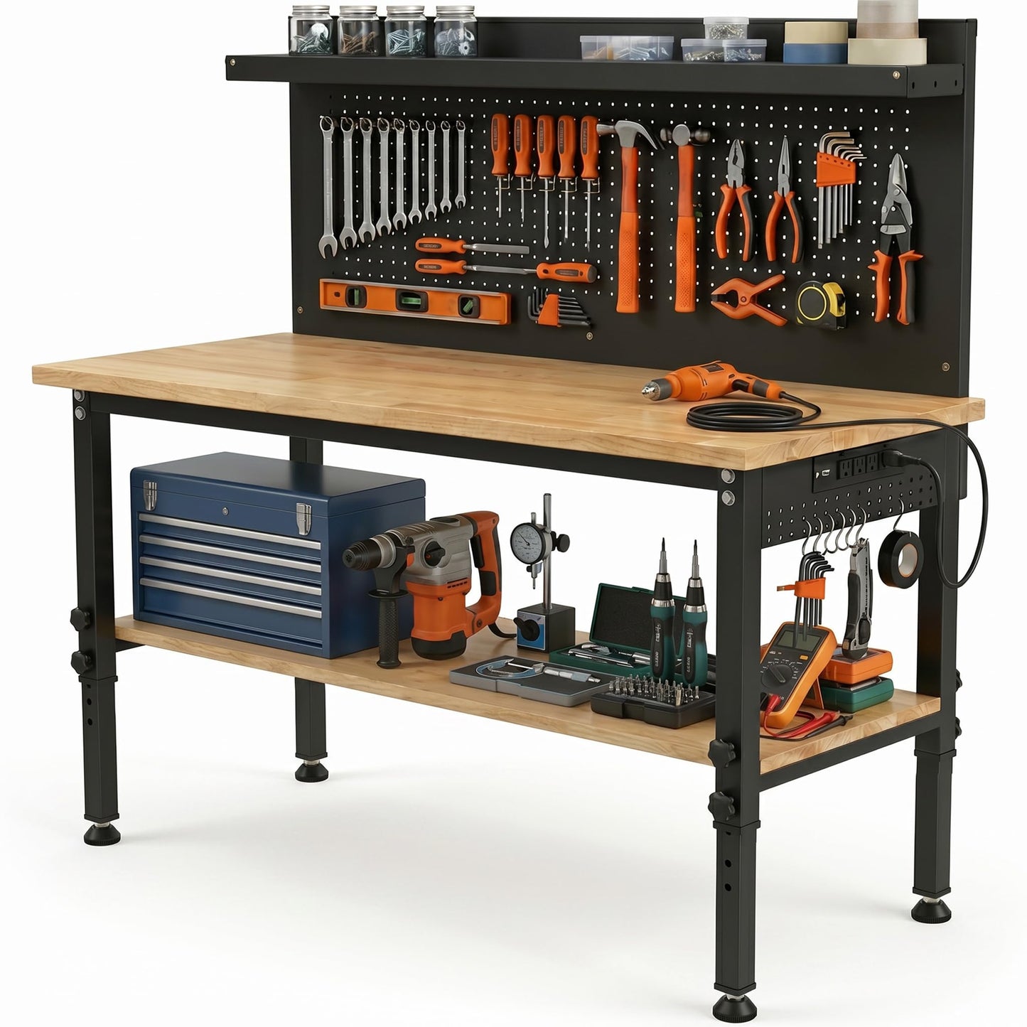 60'' Adjustable Workbench with Storage Shelf & Pegboard – Max Load 2000 LBS, Heavy Duty Rubber Wood Tabletop Tool Bench with AC/USB Outlet, Garage Organization, Work Benches for Workshop, Office